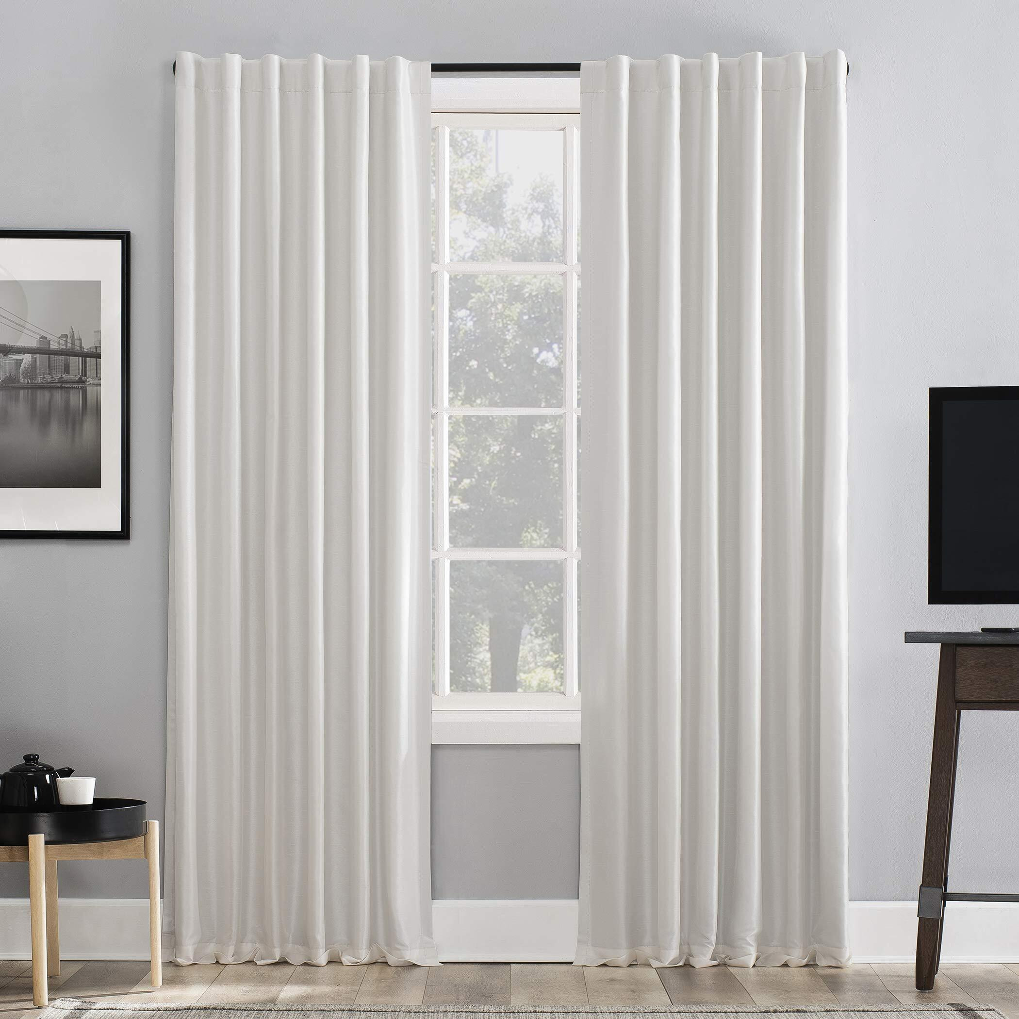 Sun Zero Greyson Faux Dupioni Silk Thermal Extreme Total Blackout Back Tab Curtain Panel, 50"" X 63"", Pearl White