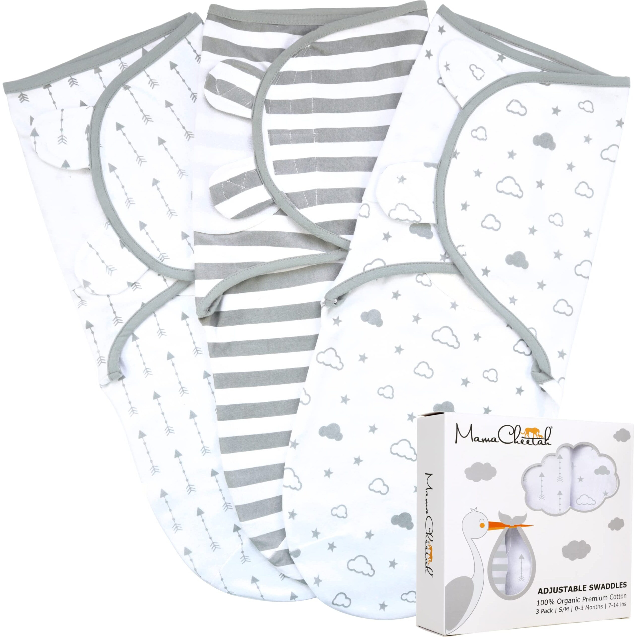 Mama Cheetah Organic Baby Swaddle Blanket, Adjustable Newborn Sleep Sacks, Easy Swaddles For Boys And Girls 0-3 Months, Nursery Swaddling Essentials, 3-Pack, Grey
