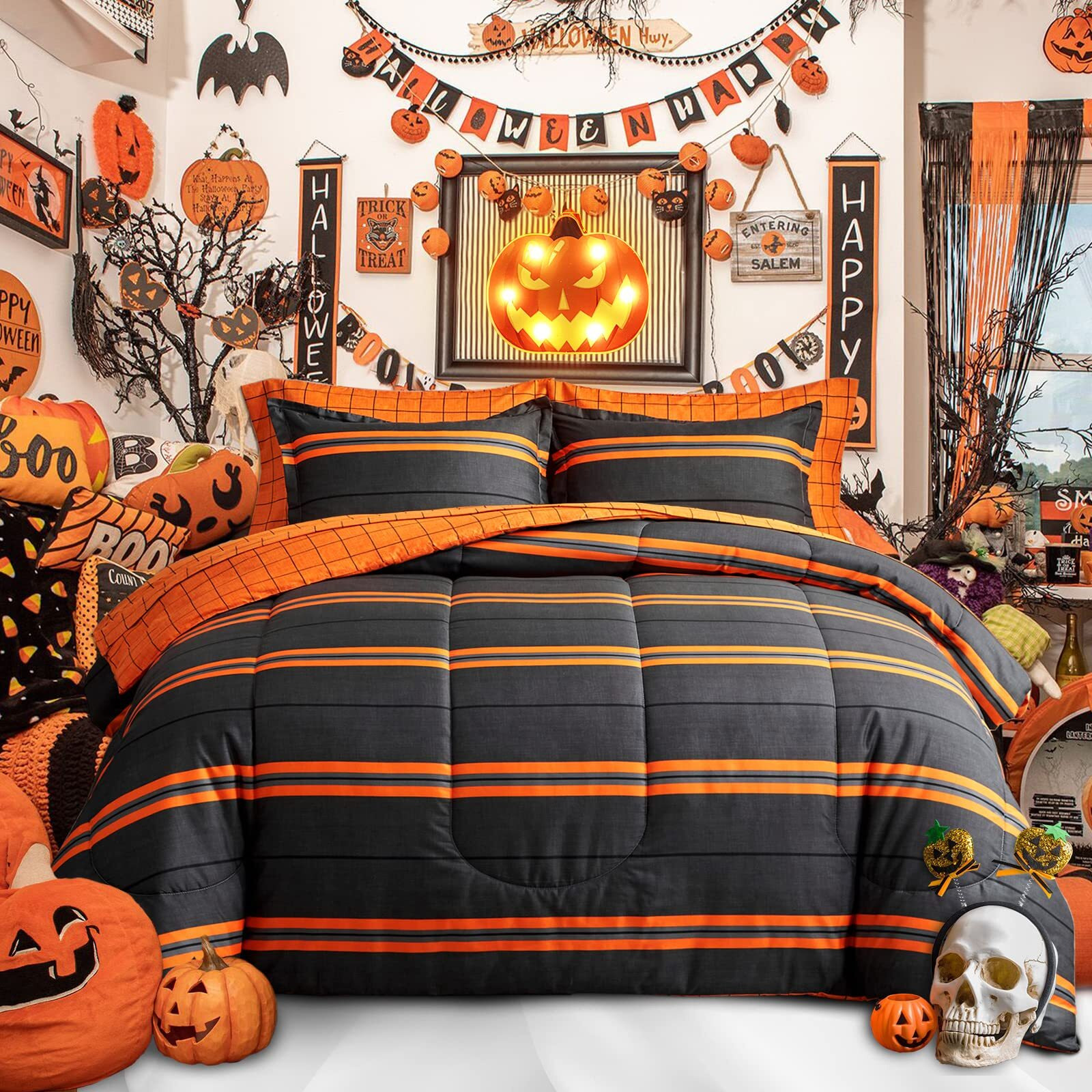 Flysheep Boho Striped Halloween Bed In A Bag 7 Pieces Queen Size, Ombre Bright Orange Stripes On Black Comforter Sheet Set (1 Comforter, 1 Flat Sheet, 1 Fitted Sheet, 2 Pillow Shams, 2 Pillowcases)