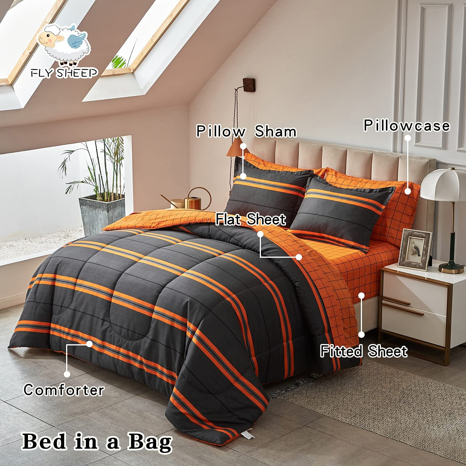 Flysheep Boho Striped Halloween Bed In A Bag 7 Pieces Queen Size, Ombre Bright Orange Stripes On Black Comforter Sheet Set (1 Comforter, 1 Flat Sheet, 1 Fitted Sheet, 2 Pillow Shams, 2 Pillowcases)