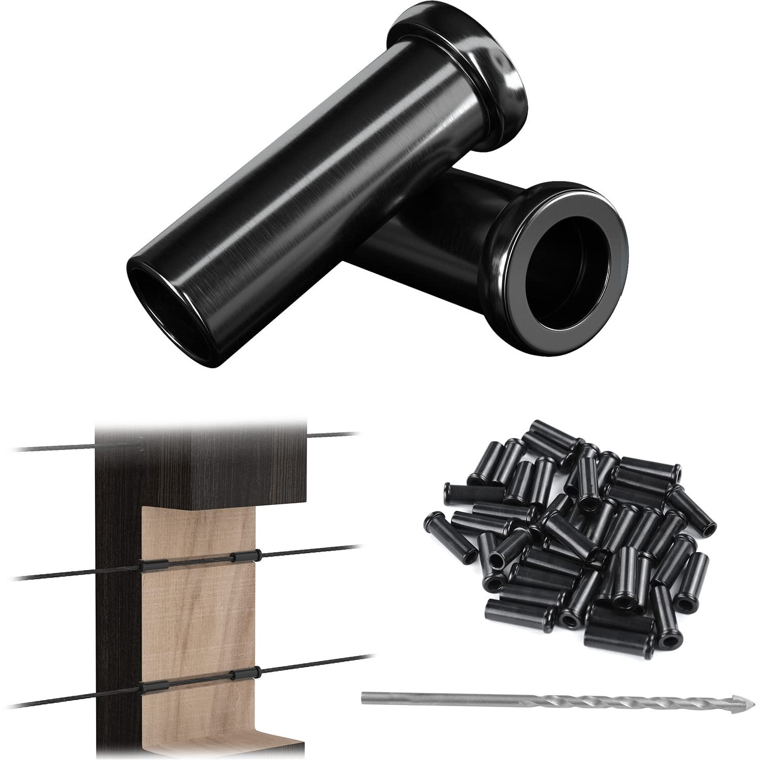Muzata 40Pcs Stainless Steel T316 Protective Sleeves 1/8 Black Cable Railing Kit Hardware Protector Sleeve For 1/8"" Wire Rope Wood Posts Cr13