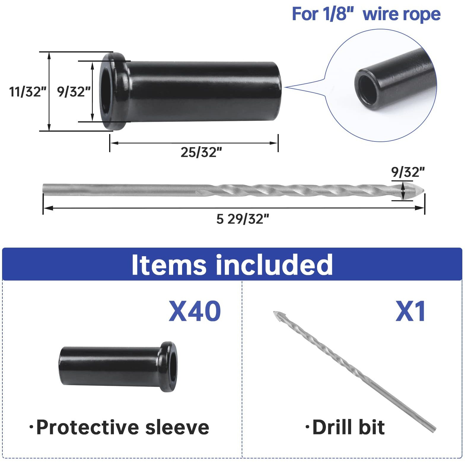 Muzata 40Pcs Stainless Steel T316 Protective Sleeves 1/8 Black Cable Railing Kit Hardware Protector Sleeve For 1/8"" Wire Rope Wood Posts Cr13
