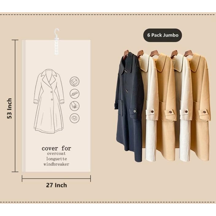 Sunhorde Hanging Space Bags Vacuum Storage Bags For Clothes, Dress, Winter Coats, 6 Pack 53.1X27.6 Inch, Large Reusable Garment Protector