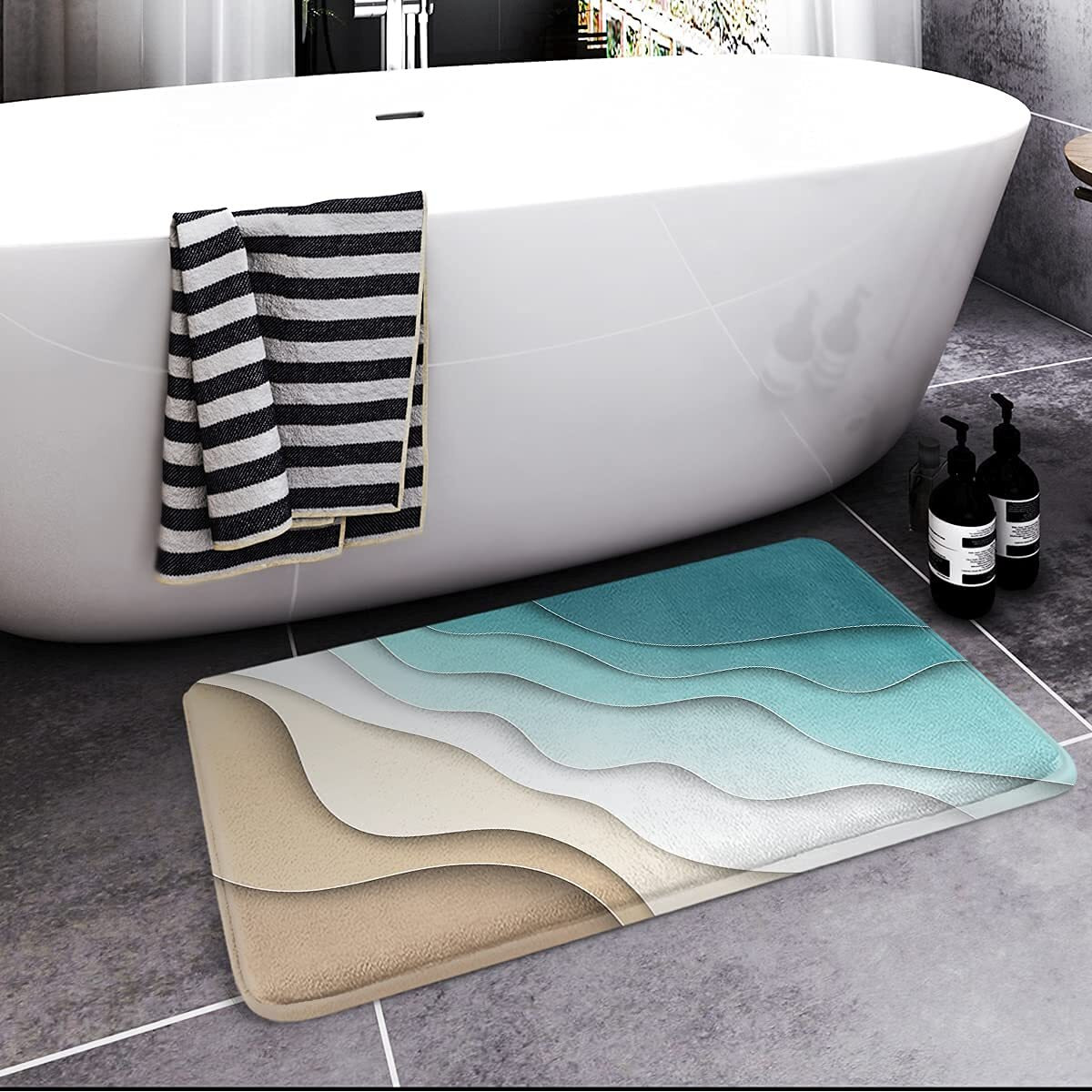 Britimes Bath Mat For Bathroom, Bathroom Mats Rugs No Silp, Abstract Beach Washable Cover Floor Rug Carpets Floor Mat Bathroom Decorations 18X30 Inches For Kitchen Bedroom Indoor
