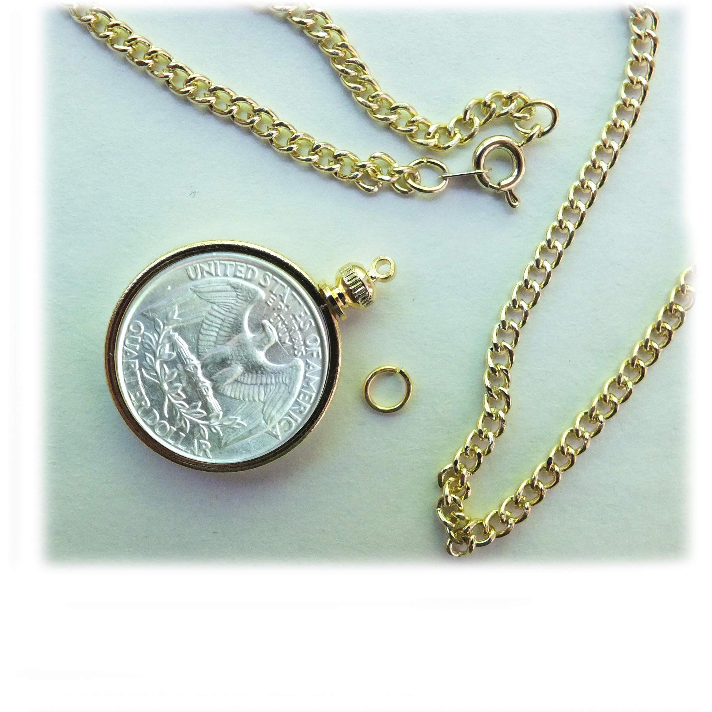 Beadexplosion Coin Holder Bezel Quarter Usa 25 Cent Gold Plated Link Necklace 24"" Chain Kit Parts