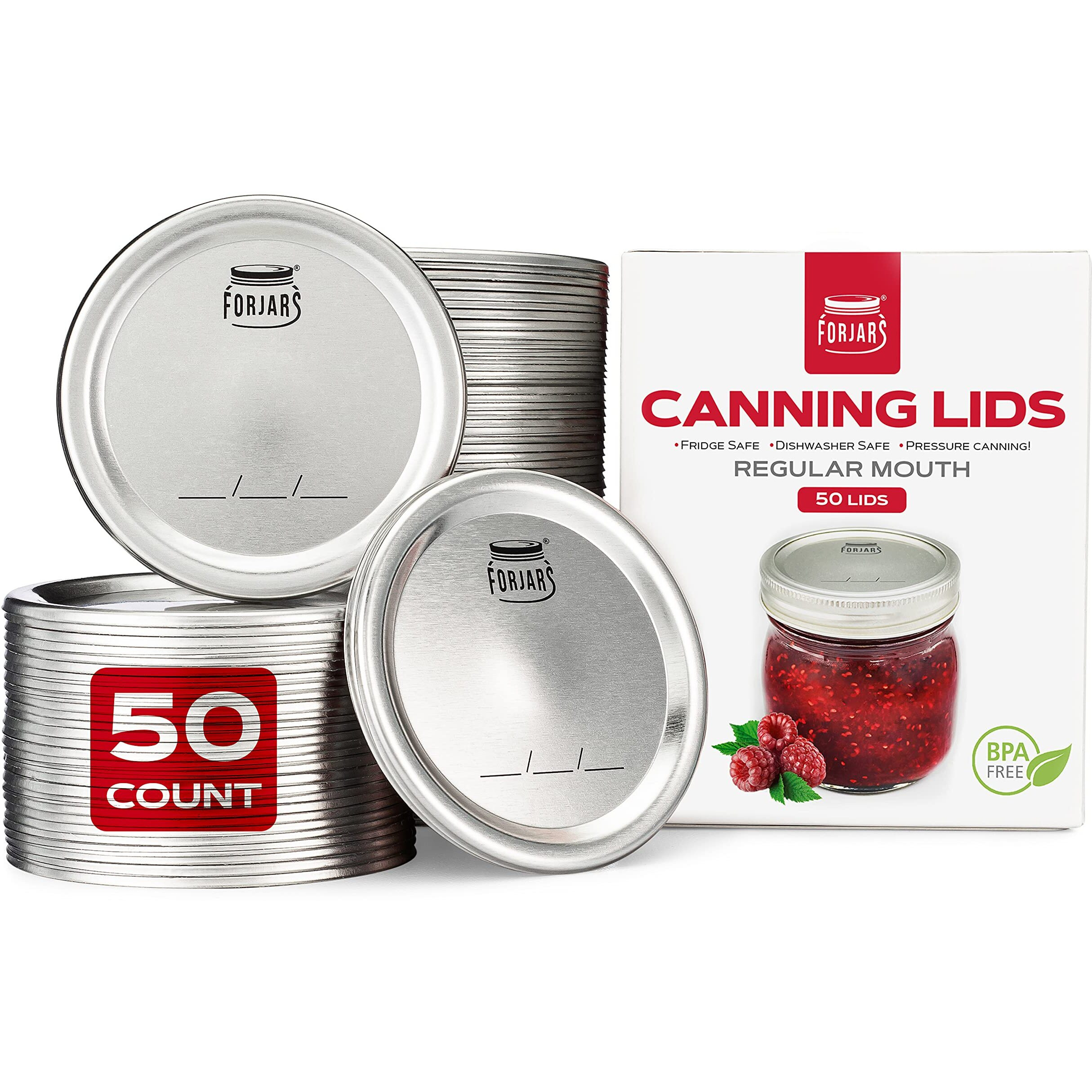 Canning Lids Regular Mouth, 50-Pack - Create Airtight Seals On Mason Jars To Preserve Food For Meal Prep & Food Storage - 2.7 In. Steel Lids With Silicone Seals - Canning Supplies By Forjars