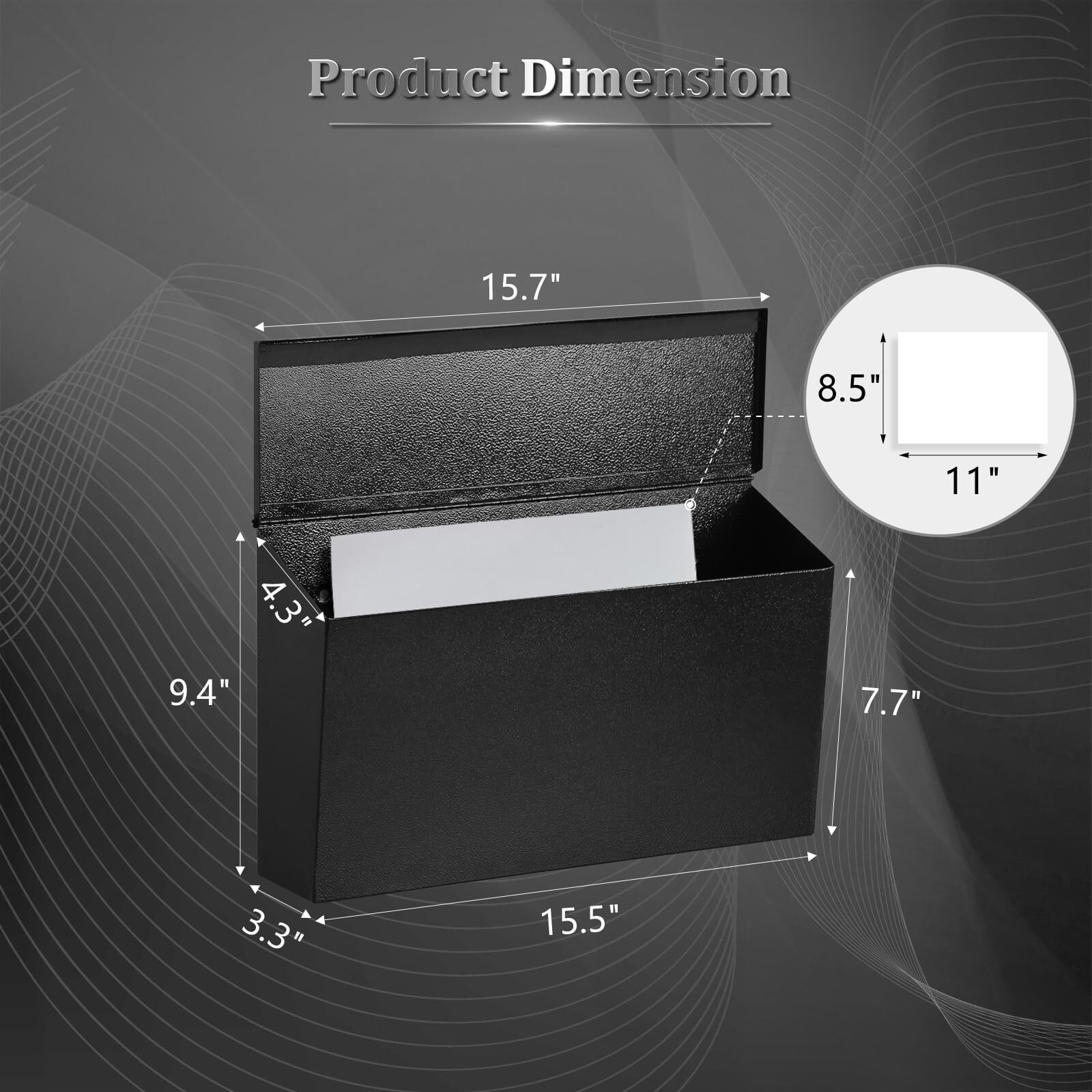 Dalmbox Wall-Mount Mailbox Large Mailbox For Post Rust-Proof Galvanized Steel Box For Outside Or Townhouse Horizontal Style, Black, 15.7    X 4.3    X 9.4