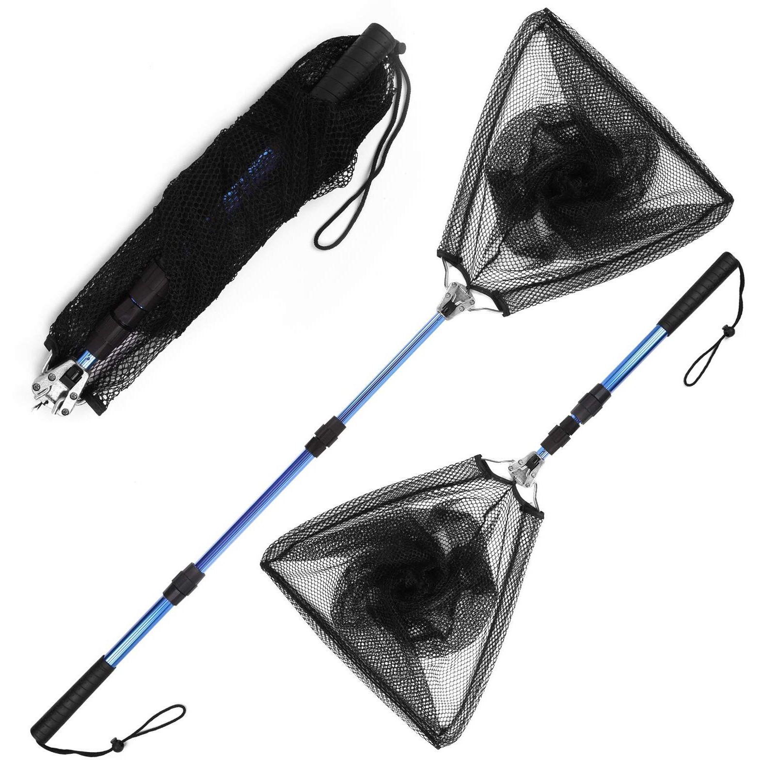 Blue Billow Fishing Net With Long Robust Telescopic Handle For Freshwater And Saltwater,Extend To 50.8 Inch,Foldable Nylon Mesh Landing Net