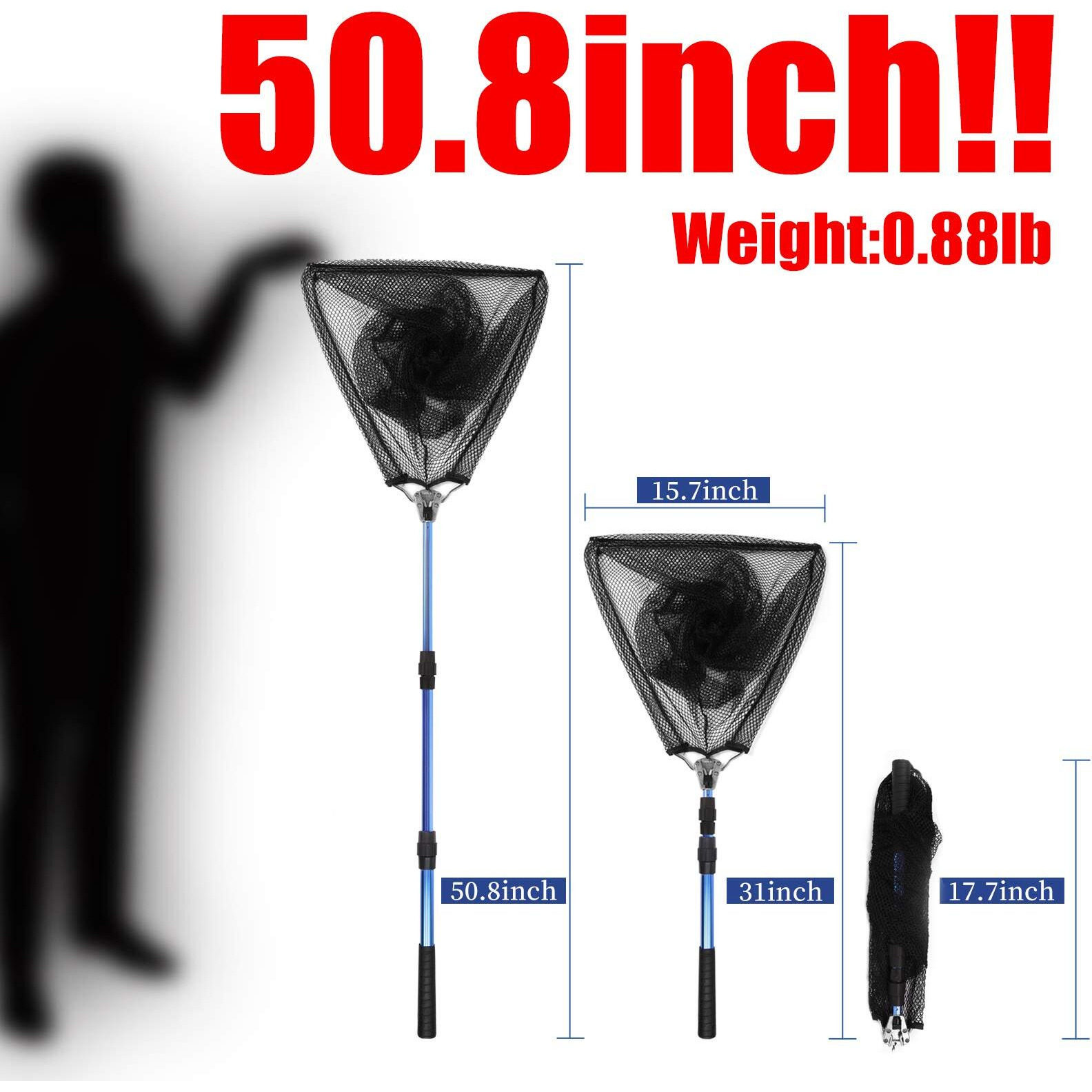 Blue Billow Fishing Net With Long Robust Telescopic Handle For Freshwater And Saltwater,Extend To 50.8 Inch,Foldable Nylon Mesh Landing Net