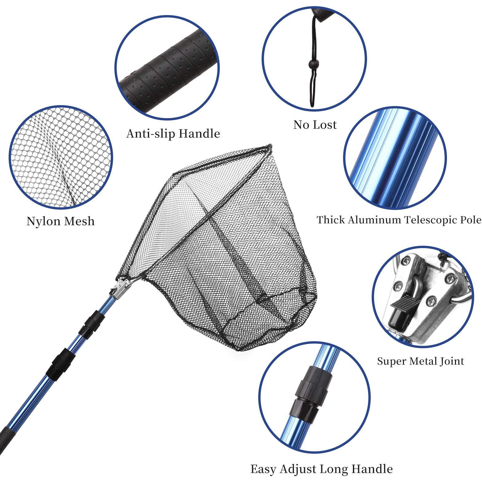 Blue Billow Fishing Net With Long Robust Telescopic Handle For Freshwater And Saltwater,Extend To 50.8 Inch,Foldable Nylon Mesh Landing Net