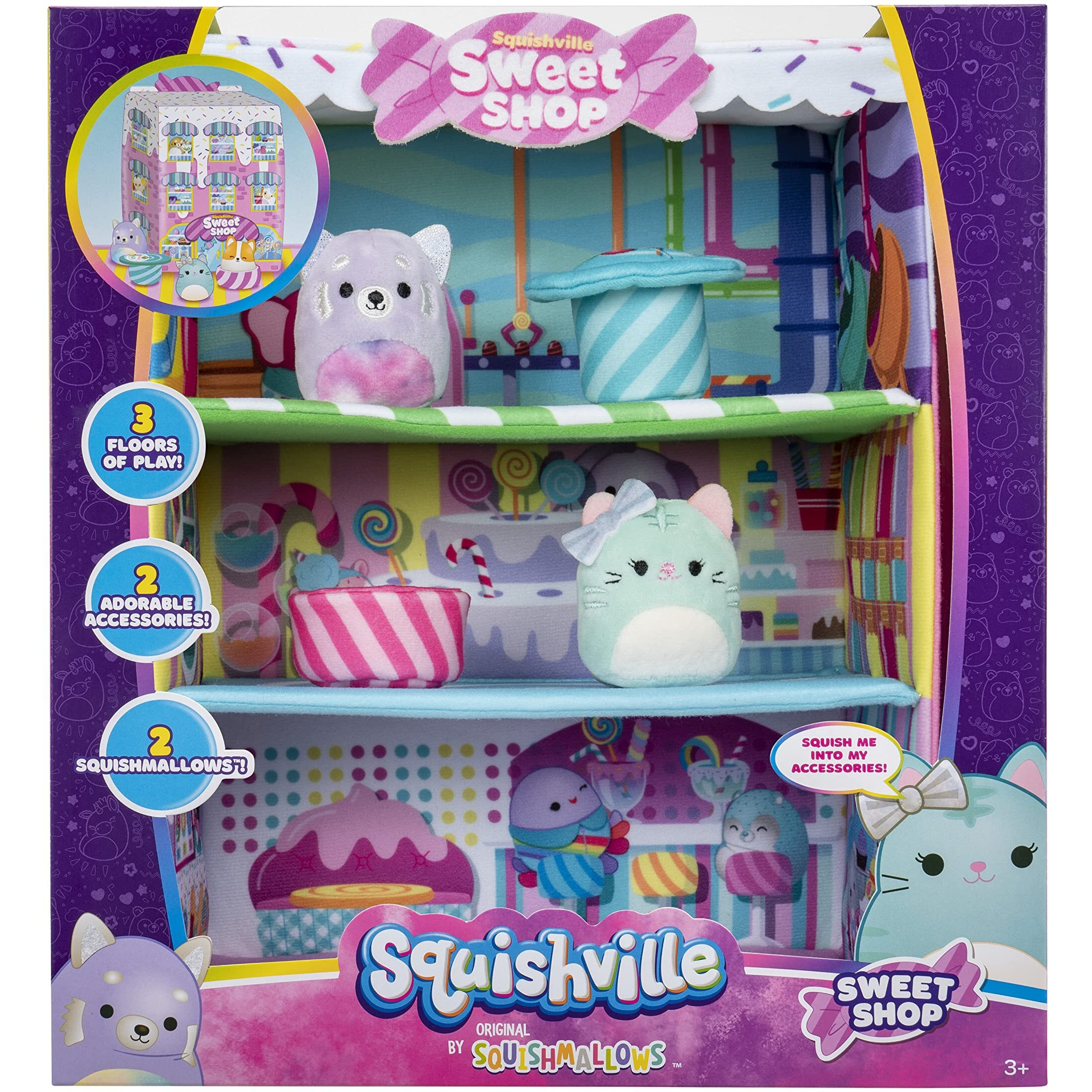 Squishville By Original Squishmallows Sweet Shop - Playset With 2-Inch Priya The Purple Panda, Treszure The Teal Cat & Bistro Table And Chair - Toys For Kids