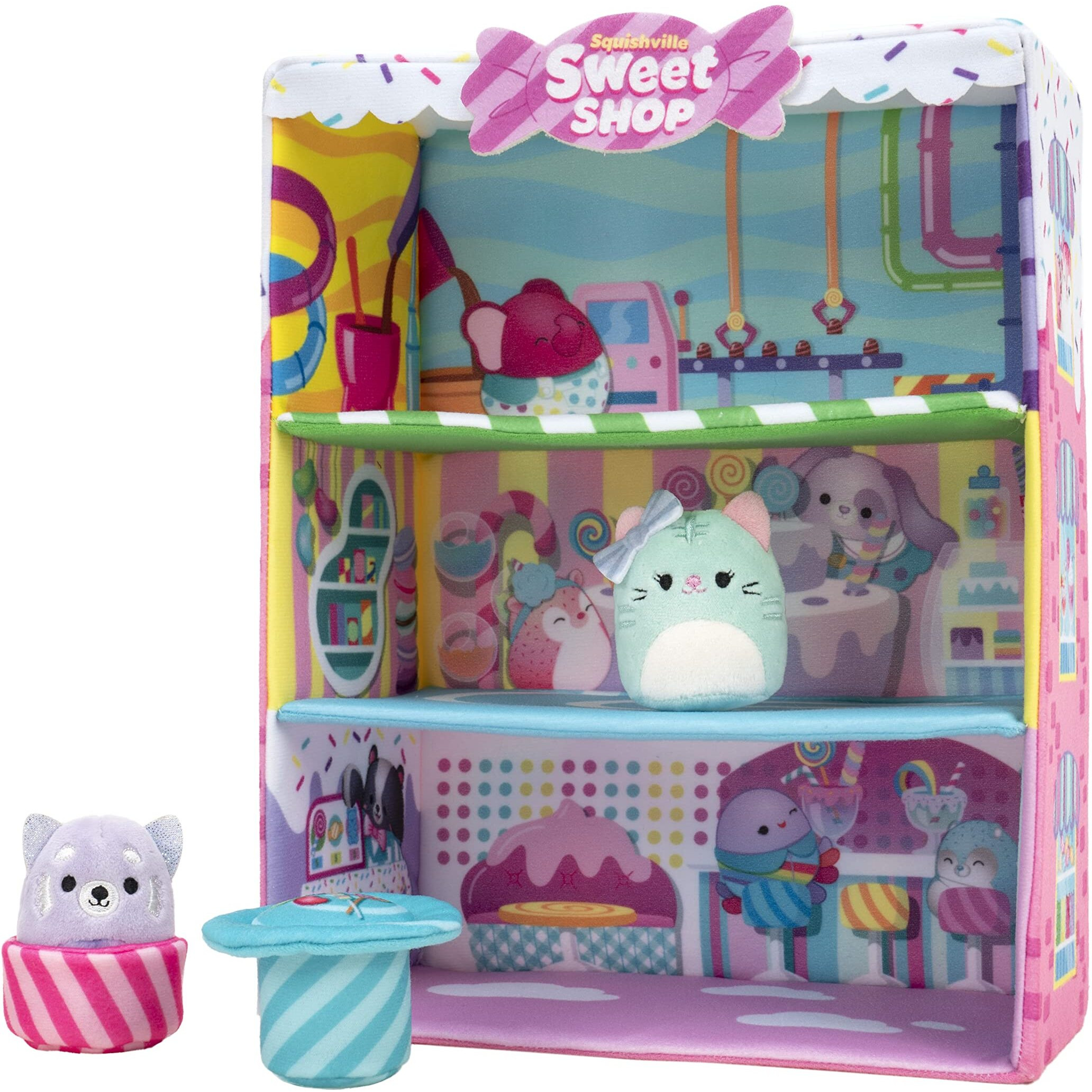 Squishville By Original Squishmallows Sweet Shop - Playset With 2-Inch Priya The Purple Panda, Treszure The Teal Cat & Bistro Table And Chair - Toys For Kids