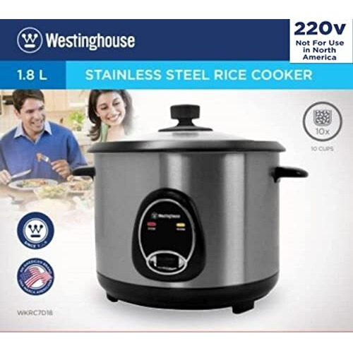 Westinghouse 220 Volt Rice Cooker 10 Cup, Non Stick Cooking Pot, Measuring Cup, Keep Warm Function-Stainless Steel-700W (Not For Use In Usa)