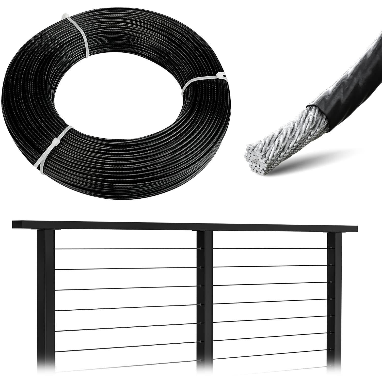 Muzata 150Ft Black Vinyl Coated Wire Rope 1/8"" Overmolded To 3/16"" For 1/8"" Black Cable Railing System Stainless Steel Aircraft Cable 7X7 Strand Indoor Outdoor Decking Stair Balustrade Diy Wr17 Wp1