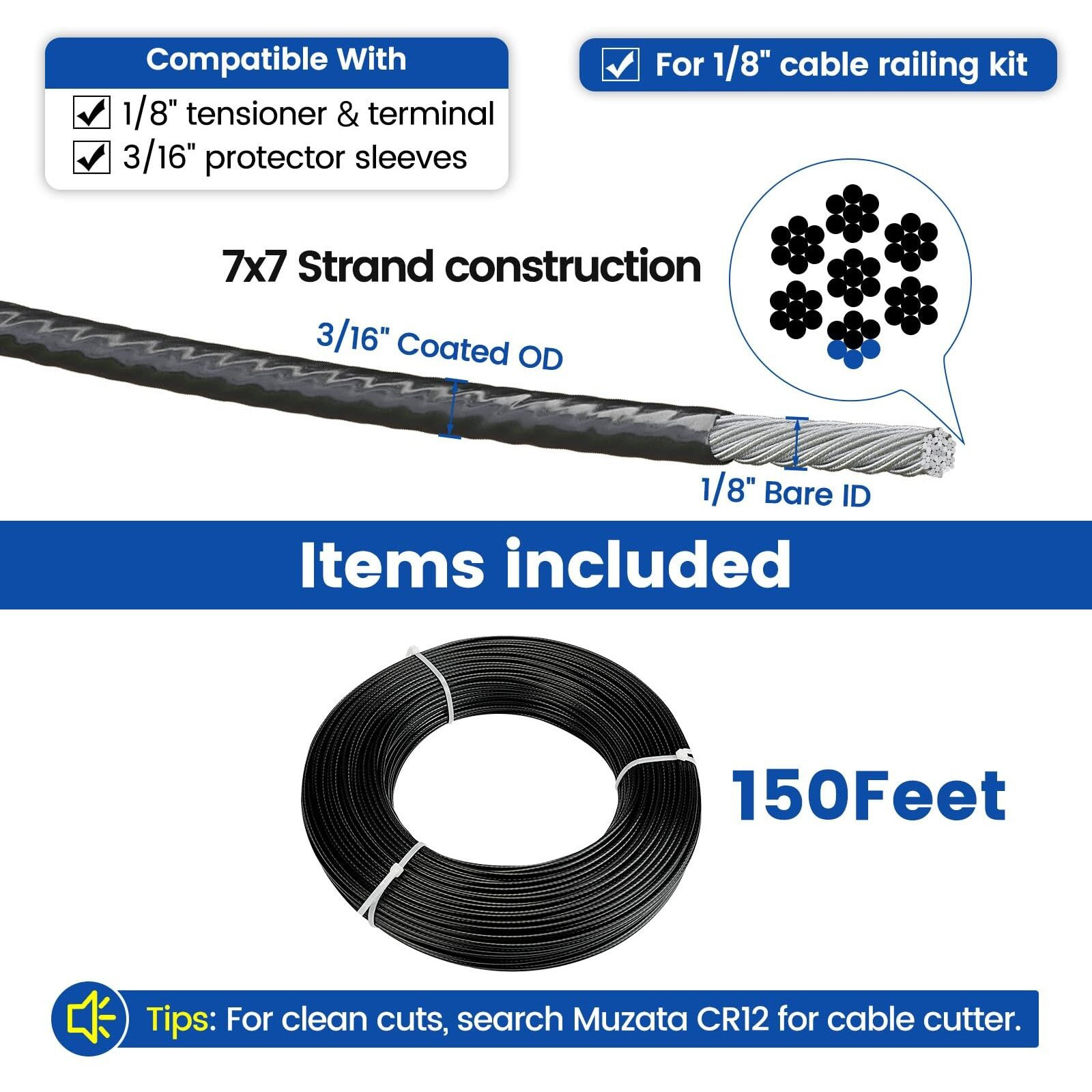 Muzata 150Ft Black Vinyl Coated Wire Rope 1/8"" Overmolded To 3/16"" For 1/8"" Black Cable Railing System Stainless Steel Aircraft Cable 7X7 Strand Indoor Outdoor Decking Stair Balustrade Diy Wr17 Wp1
