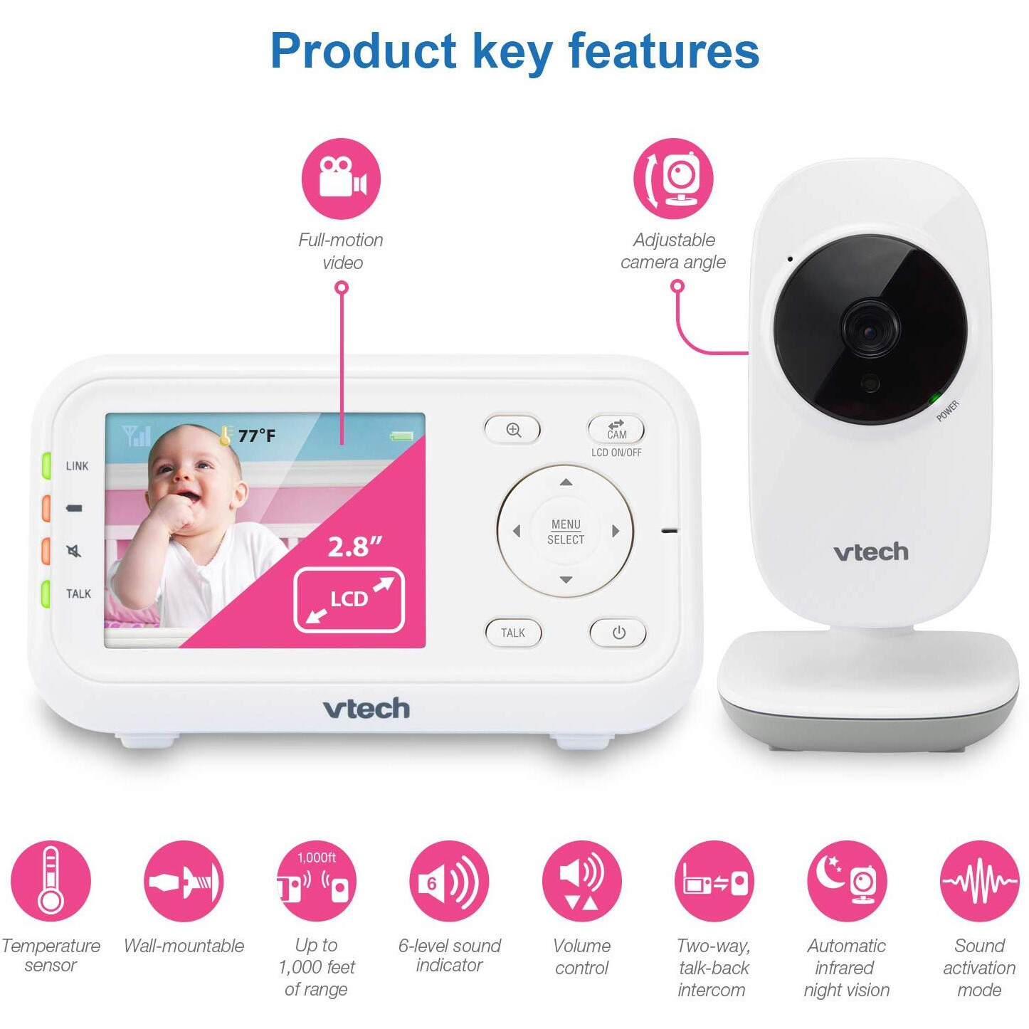 Vtech Video Baby Monitor With 1000Ft Long Range, Auto Night Vision, 2.8    Screen, 2-Way Audio Talk, Temperature Sensor, Power Saving Mode, Lullabies And Wall-Mountable Camera With Bracket, White