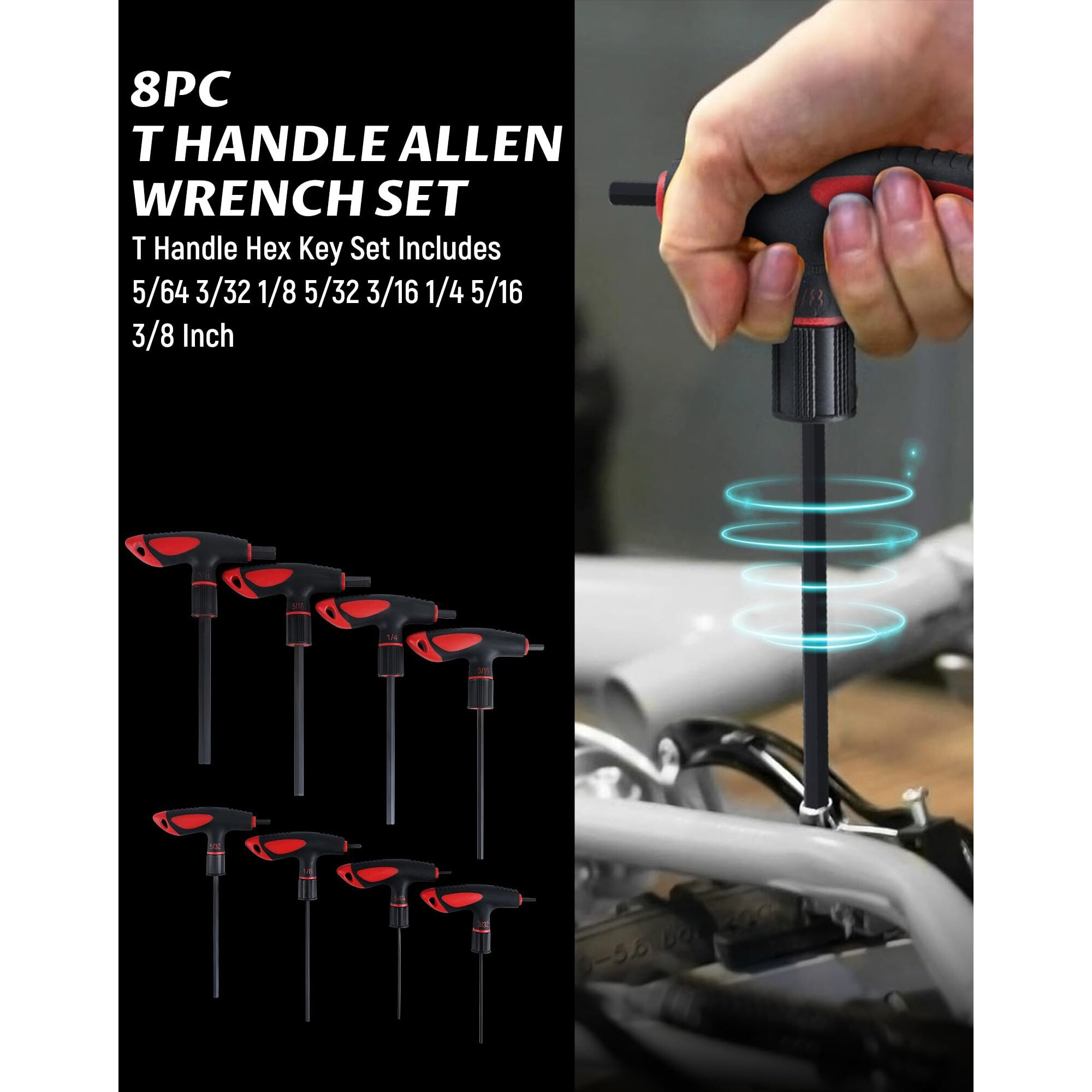 Lichamp Sae T Handle Allen Wrench Set, Long Handle Allen Hex Key Standard, 5/64 To 3/8 Inch.