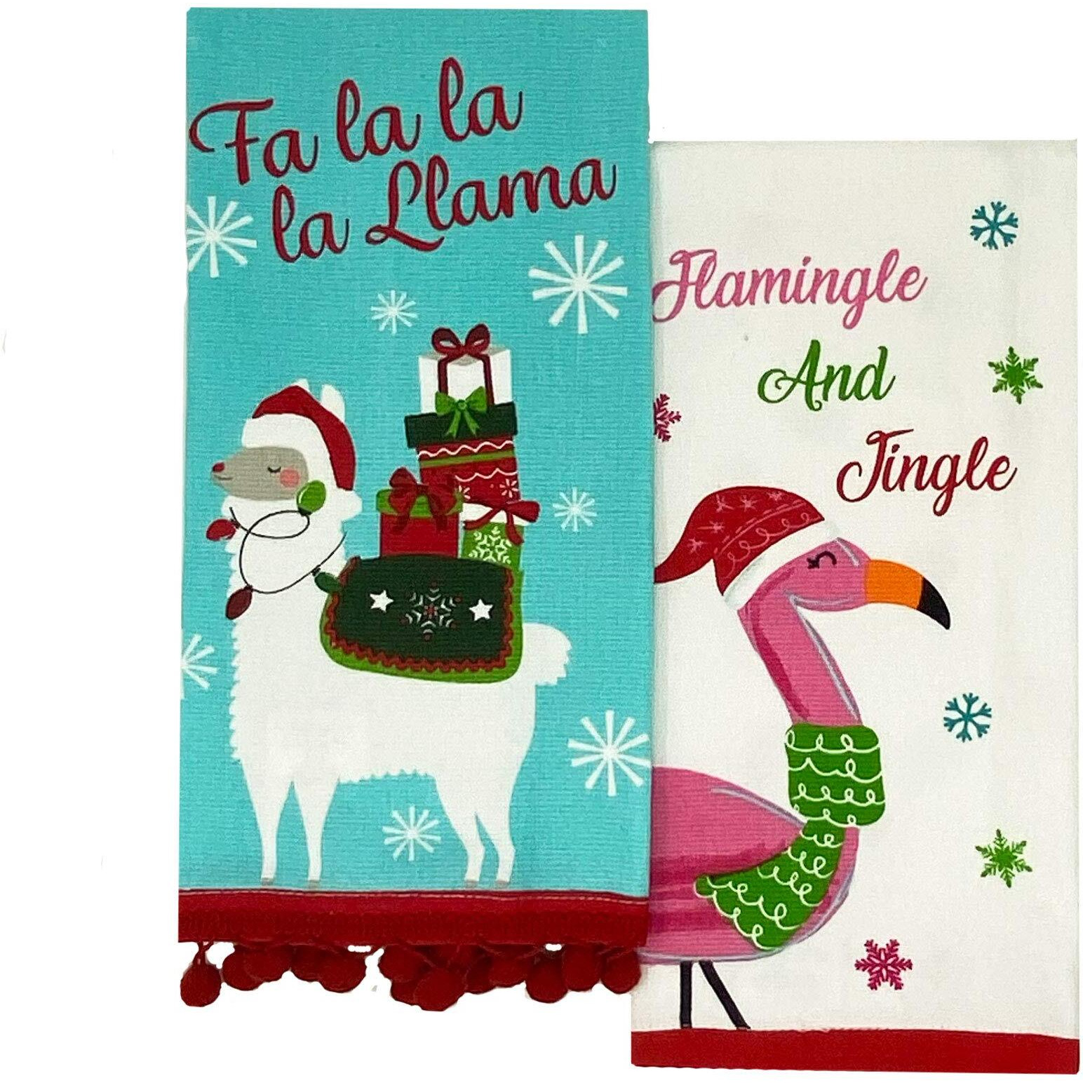 Elrene Home Fashions Pom Jingle Cotton Christmas Holiday Kitchen Dish Hand Towels, Set Of 2, 16 In X 26 In, Fa La Llama & Flamingle