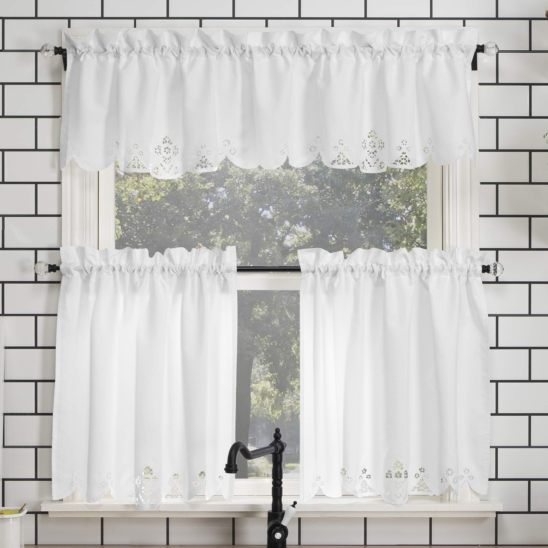 No. 918 Mariela Floral Trim Semi-Sheer Rod Pocket Kitchen Curtain Valance And Tiers Set, 58"" X 36"", White