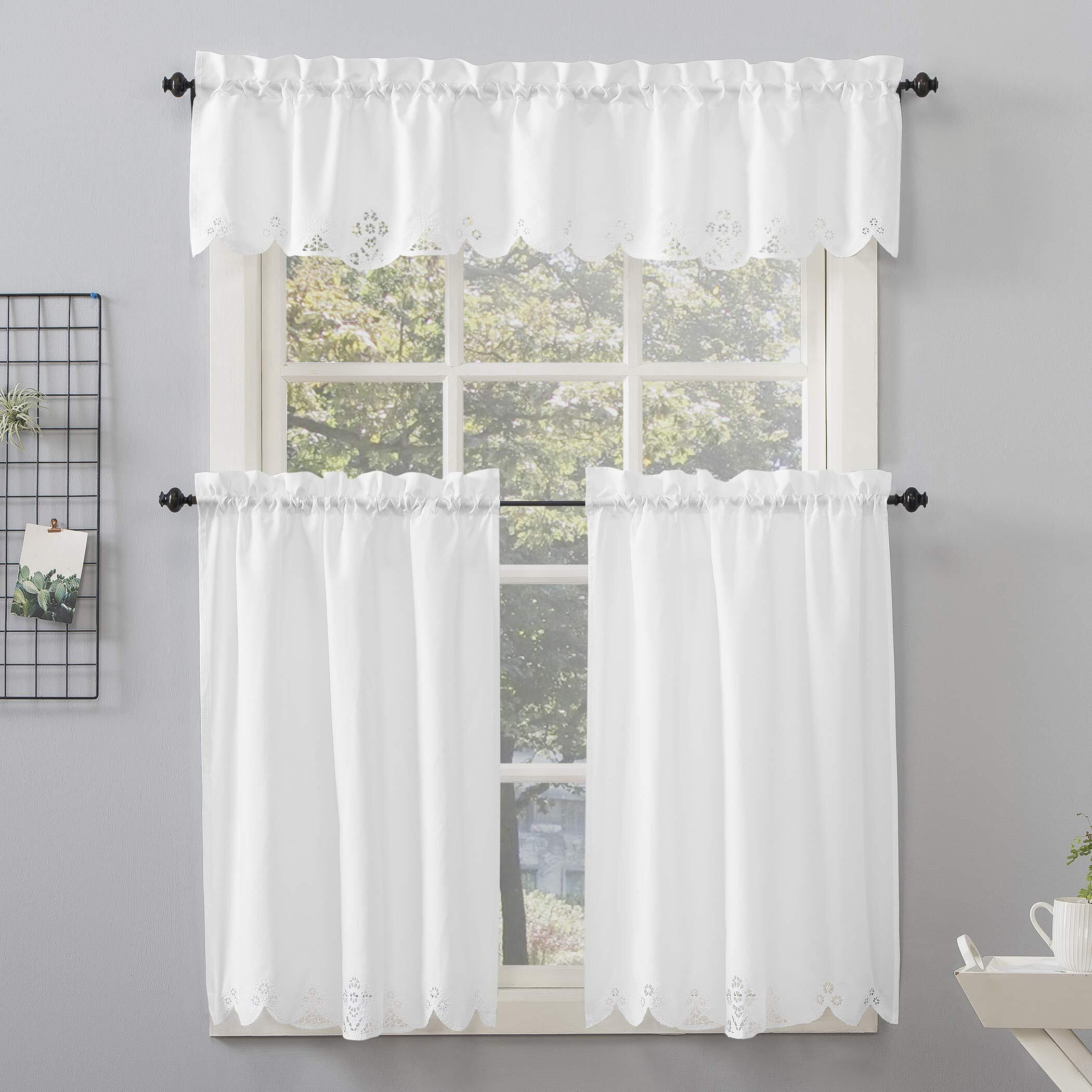 No. 918 Mariela Floral Trim Semi-Sheer Rod Pocket Kitchen Curtain Valance And Tiers Set, 58"" X 36"", White