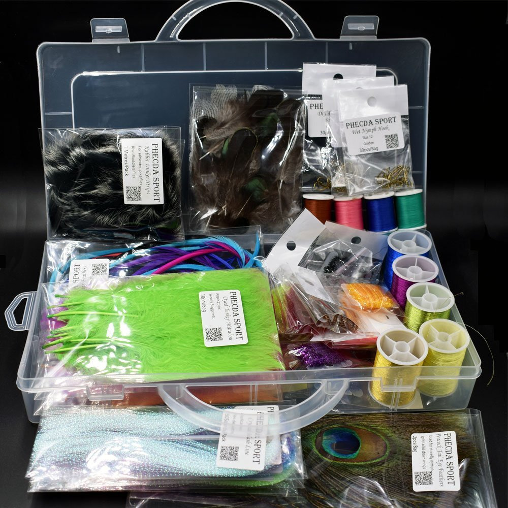 Phecda Profly Feathers Fur Thread Crystal Flash Line Hooks Fly Tying Materials Starter Kits (Fly Tying Materials Set)