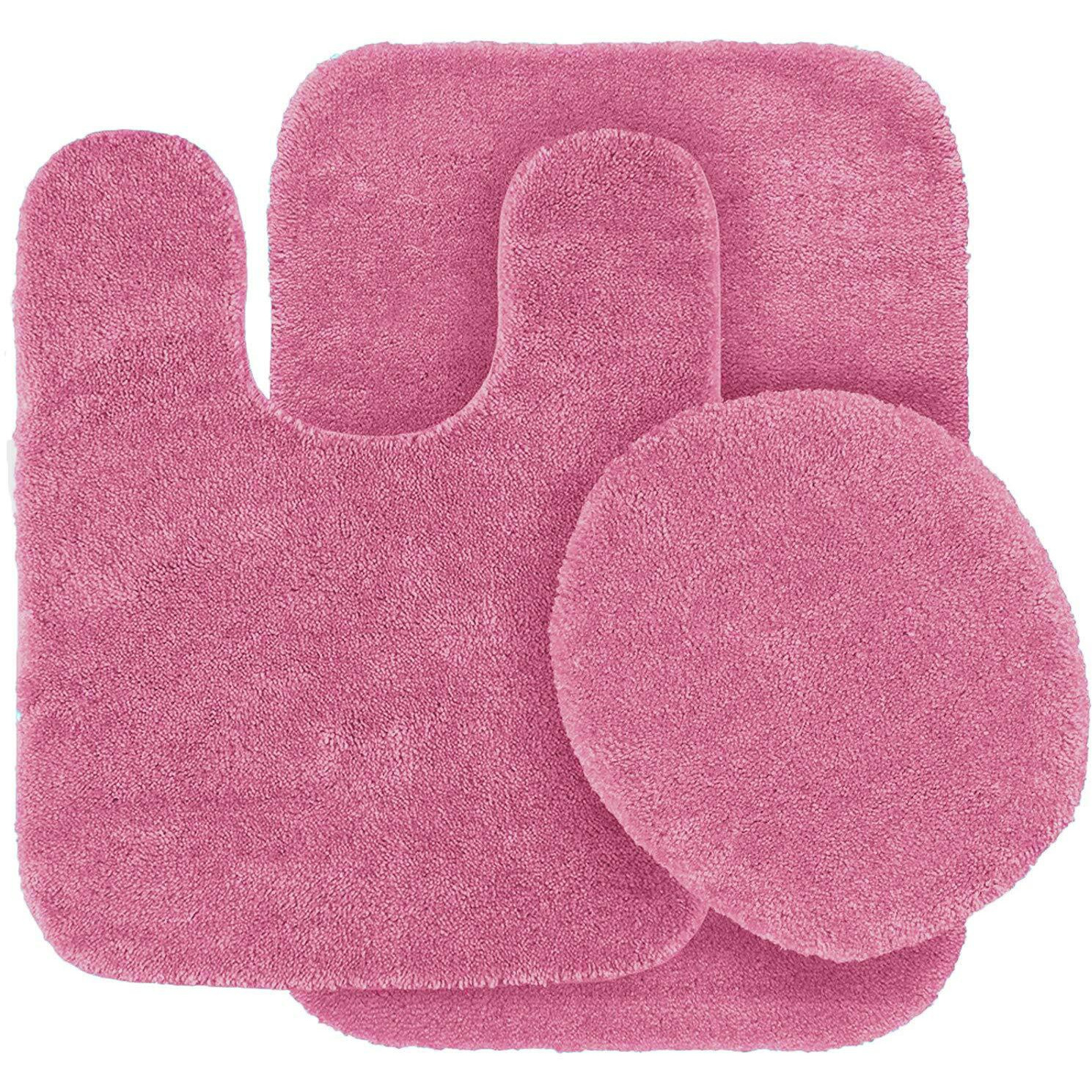 Fancy Linen 3Pc Solid Non-Slip Bath Mat Set Bathroom U-Shaped Contour Rug, Mat And Toilet Lid Cover New  6 (Hot Pink)