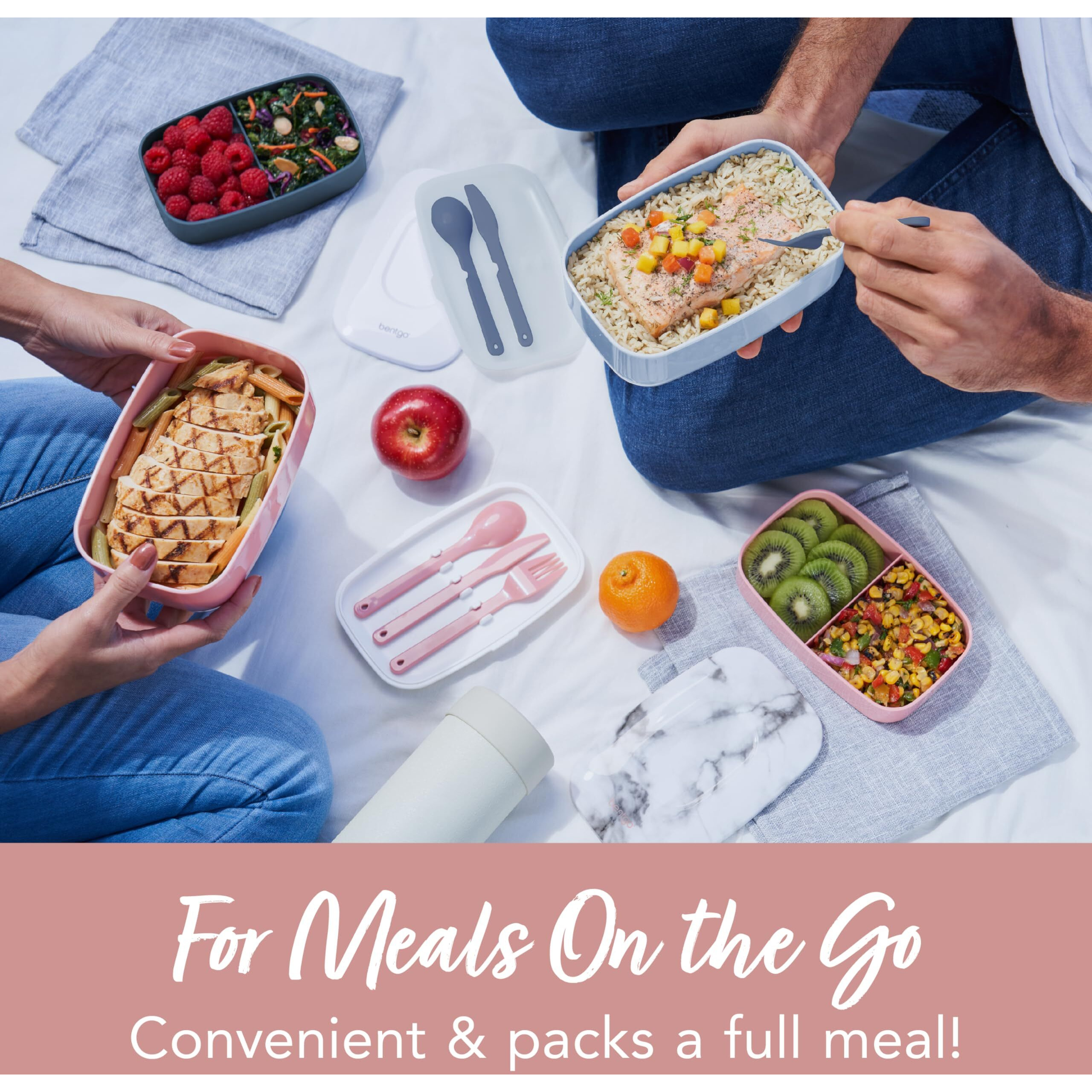Bentgo Classic - Adult Bento Box, All-In-One Stackable Lunch Box Container With 3 Compartments, Plastic Utensils, And Nylon Sealing Strap, Bpa Free Food Container (Blush Marble)