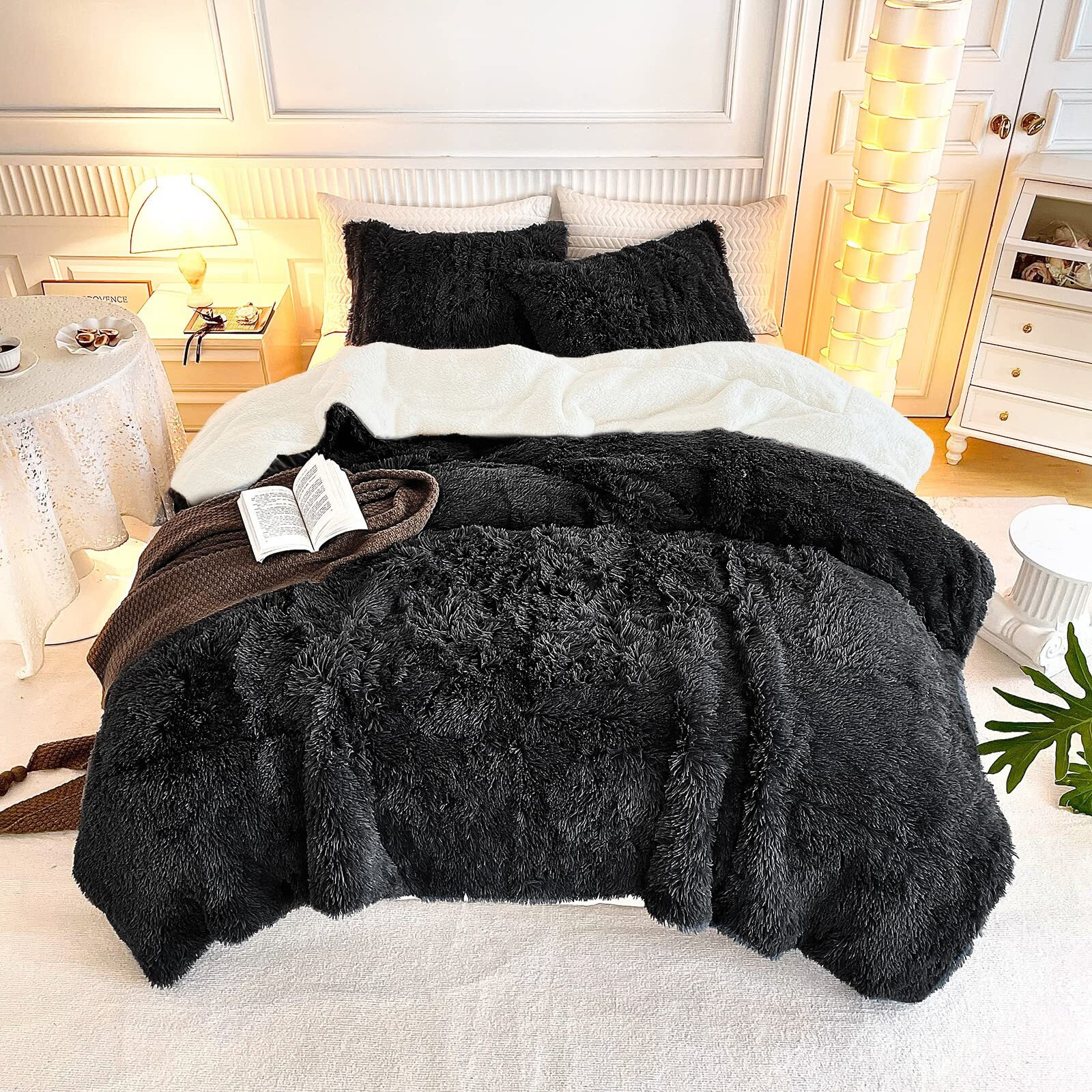Uozzi Bedding Black Faux Fur Comforter Set Queen 3 Pieces - 1 Black Shaggy Comforter Set 90X90 And 2 Pillowcases, Ultra Soft And Easy Care Luxury Plush Shaggy Duvet Set