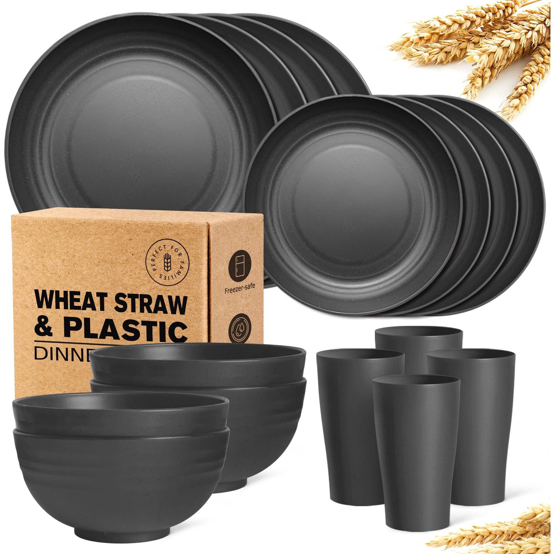 Teivio 16-Piece Kitchen Plastic Wheat Straw Dinnerware Set, Service For 4, Dinner Plates, Dessert Plate, Cereal Bowls, Cups, Unbreakable Plastic Outdoor Camping Dishes, Black