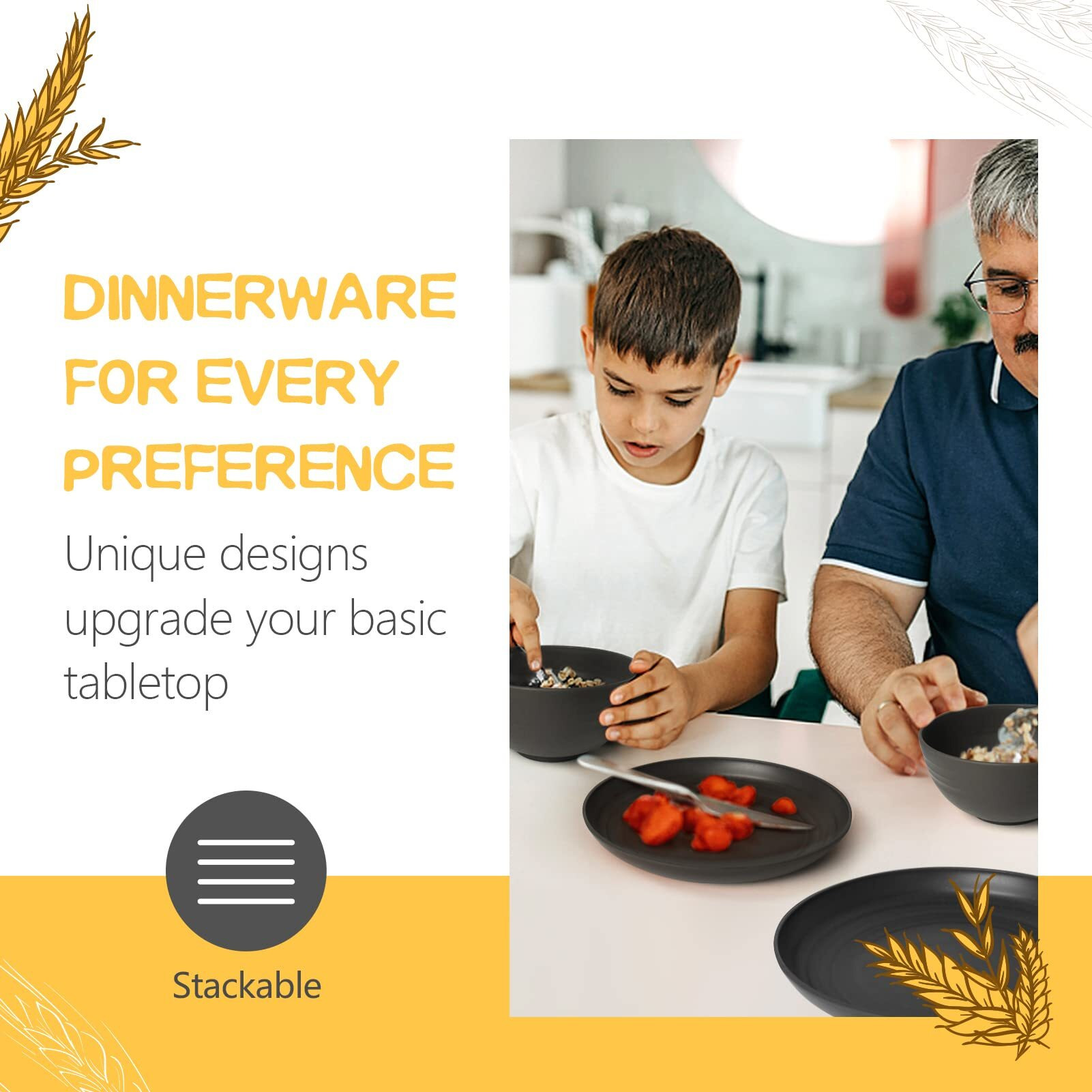 Teivio 16-Piece Kitchen Plastic Wheat Straw Dinnerware Set, Service For 4, Dinner Plates, Dessert Plate, Cereal Bowls, Cups, Unbreakable Plastic Outdoor Camping Dishes, Black