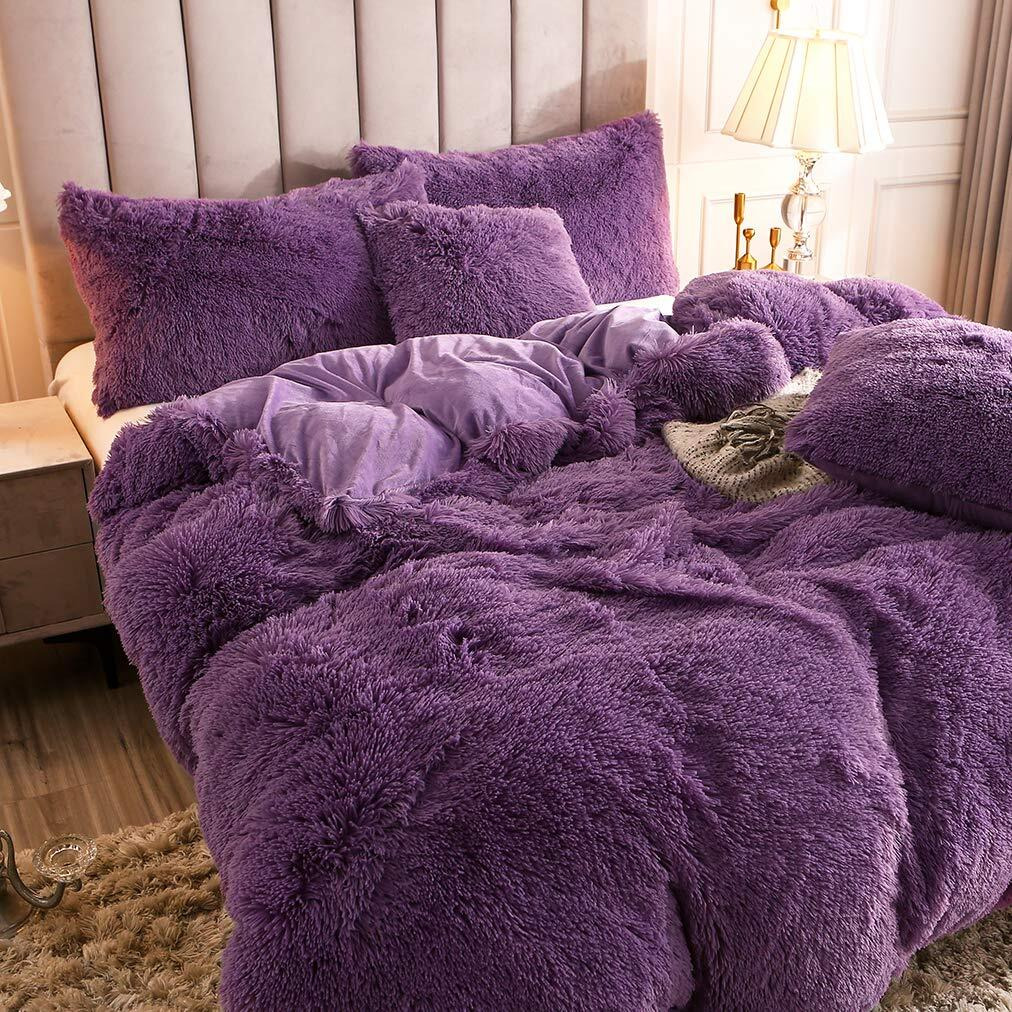 Uhamho Luxury Fluffy 1Pc Solid Duvet Cover Faux Fur Plush Shaggy Quilt Cover Velvet Bedspread Zipper Closure, No Pillow Sham, No Comforter (Purple, Twin)