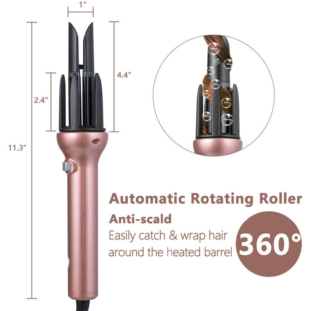 Automatic Hair Curling Iron For Long Hair Auto Curler Ceramic Self Rotating Curling Wand Spinning Spiral Curling Wand Professional 360 Rotating Styling Wand Gifts For Women 1.1 Inch Pink