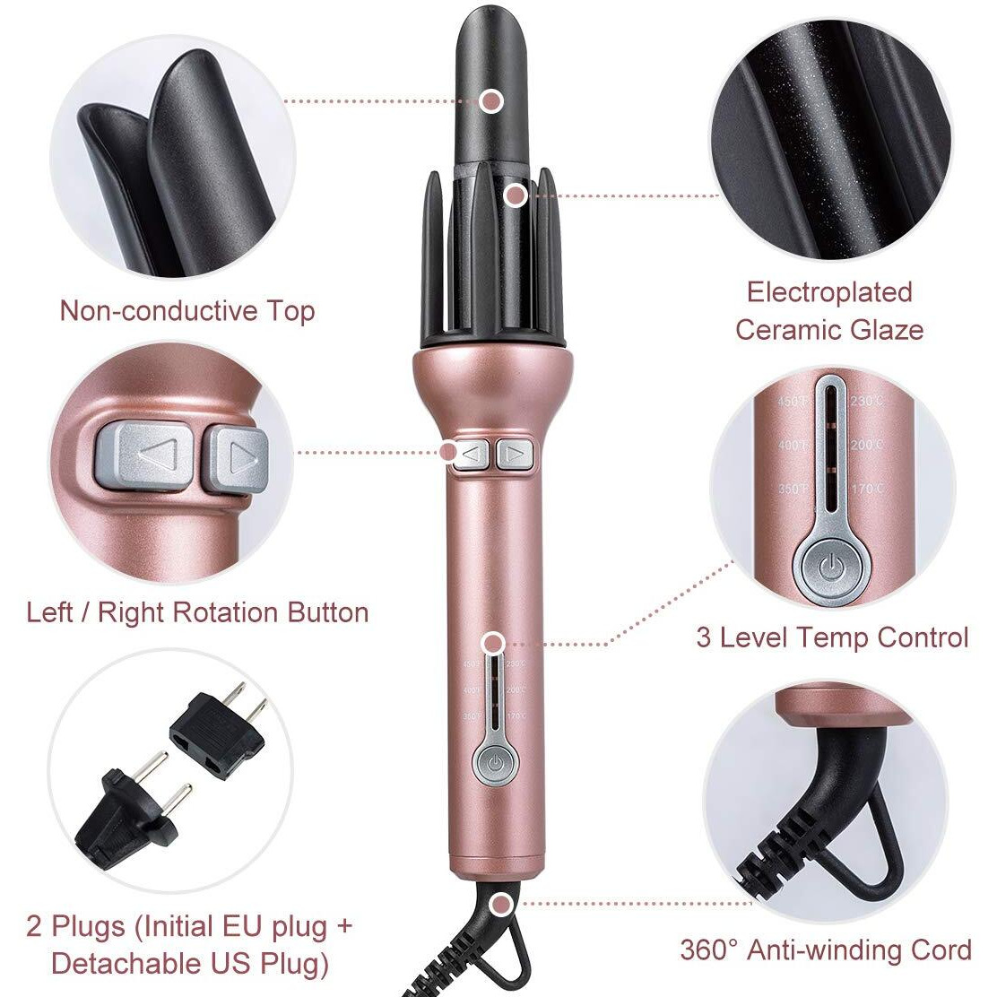 Automatic Hair Curling Iron For Long Hair Auto Curler Ceramic Self Rotating Curling Wand Spinning Spiral Curling Wand Professional 360 Rotating Styling Wand Gifts For Women 1.1 Inch Pink