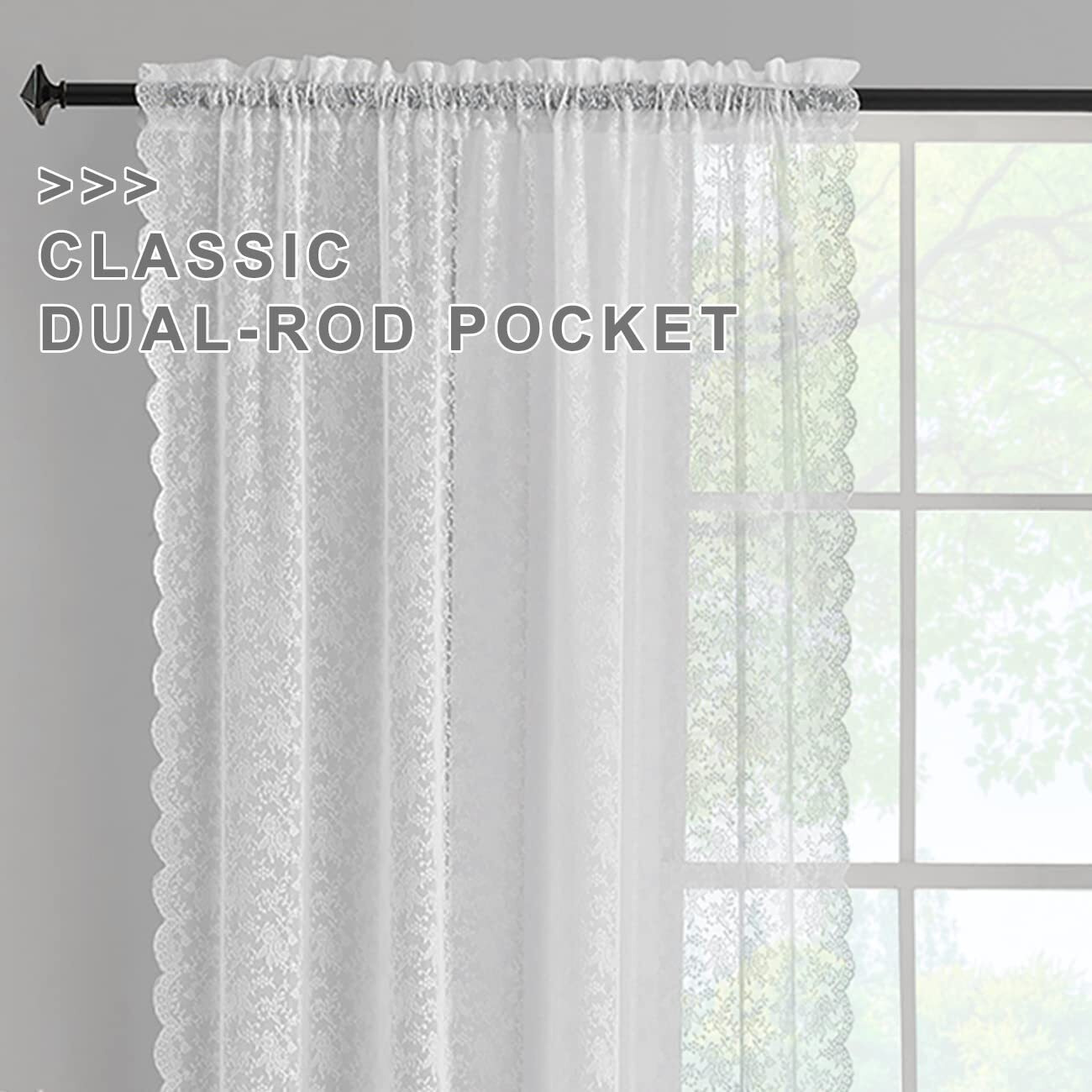 Finecity White Lace Curtains 63 Inch Length - Shabby Chic Floral Tile Pattern Sheer Lace Curtains For Bedroom Top Pocket Header Lightweight Lace Window Curtains, 52 X 63 Inch, 2 Panels, White