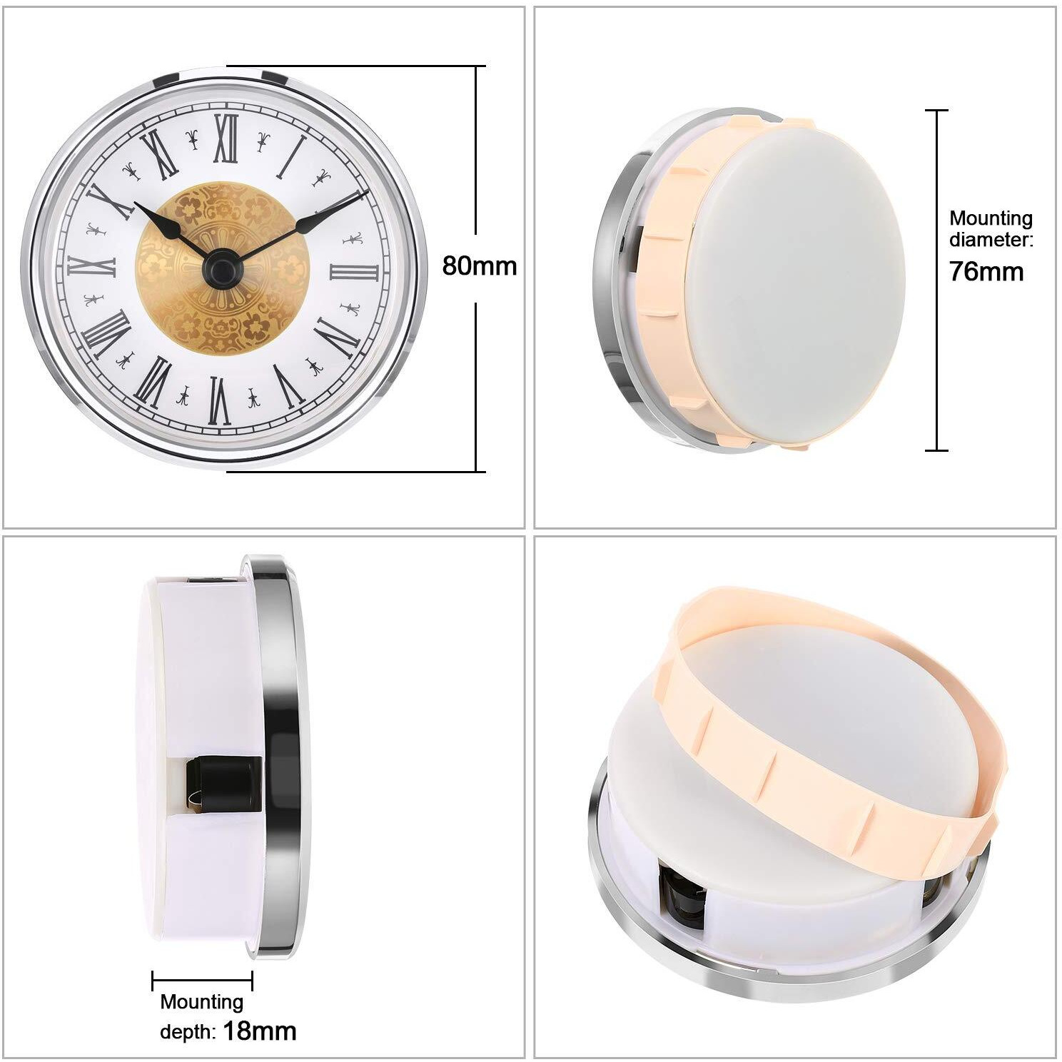 Hicarer 3-1/8 Inch (80 Mm) Clock Insert With Roman Numeral, Quartz Movement, Silver Trim