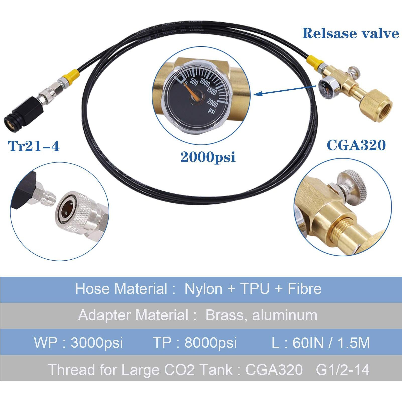 Upgrade Cga320 To Tr21-4 Soda Maker Co2 Tank Cylinder Direct Adapter With 60 Inches High-Pressure Hose, Soda Maker Direct Connector For Soda Club (Gauge And Bleed Valve)