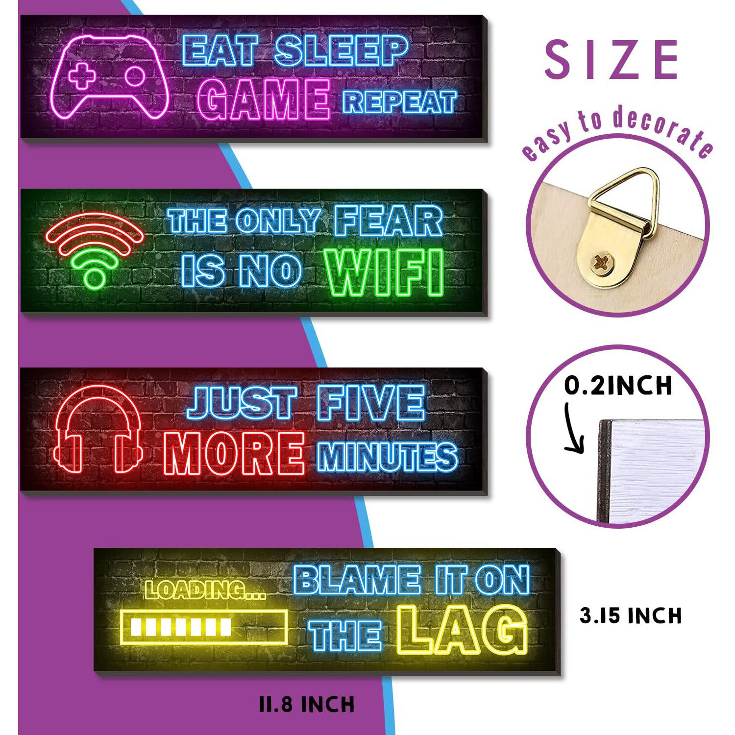 4 Pcs Printed Neon Gaming Posters, Teen Boys Room Decorations, Gamer Wall Art Decor For Bedroom Wooden
