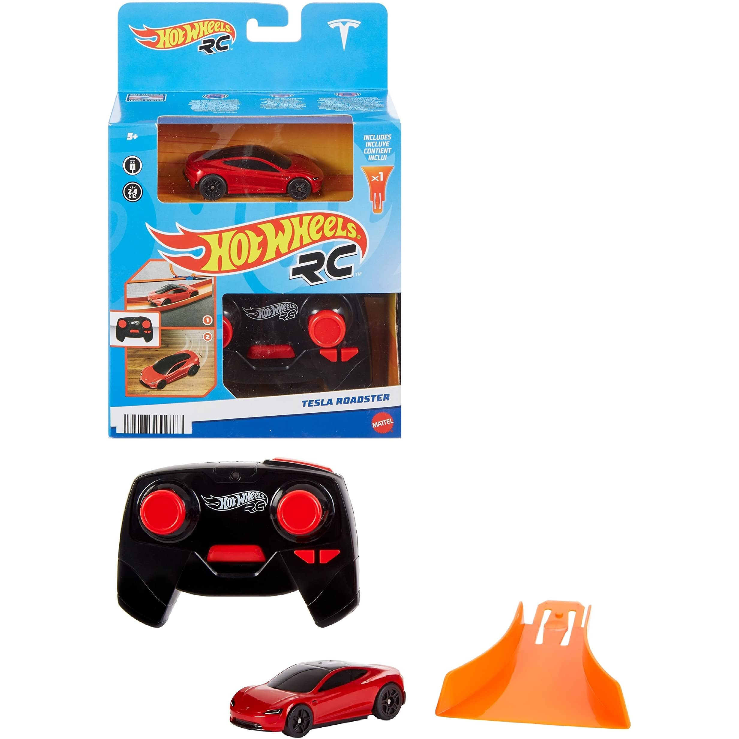 Hot Wheels Rc Tesla Roadster In 164 Scale, Remote-Control Toy Car With Controller & Track Adapter, Works On & Off Track
