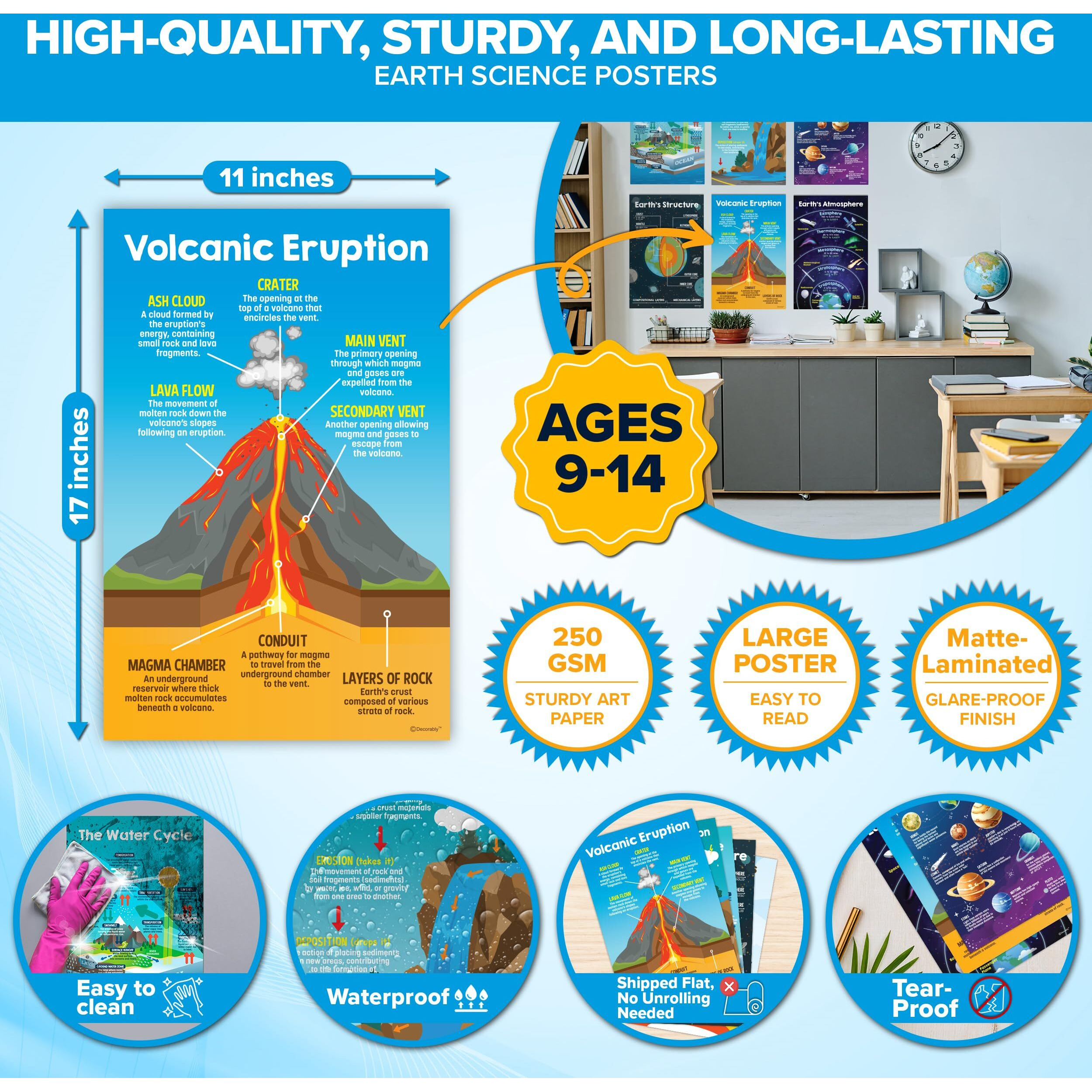 Decorably Earth Science Posters For Classroom, 12 Pcs Wall Art, 11X17In, Middle School