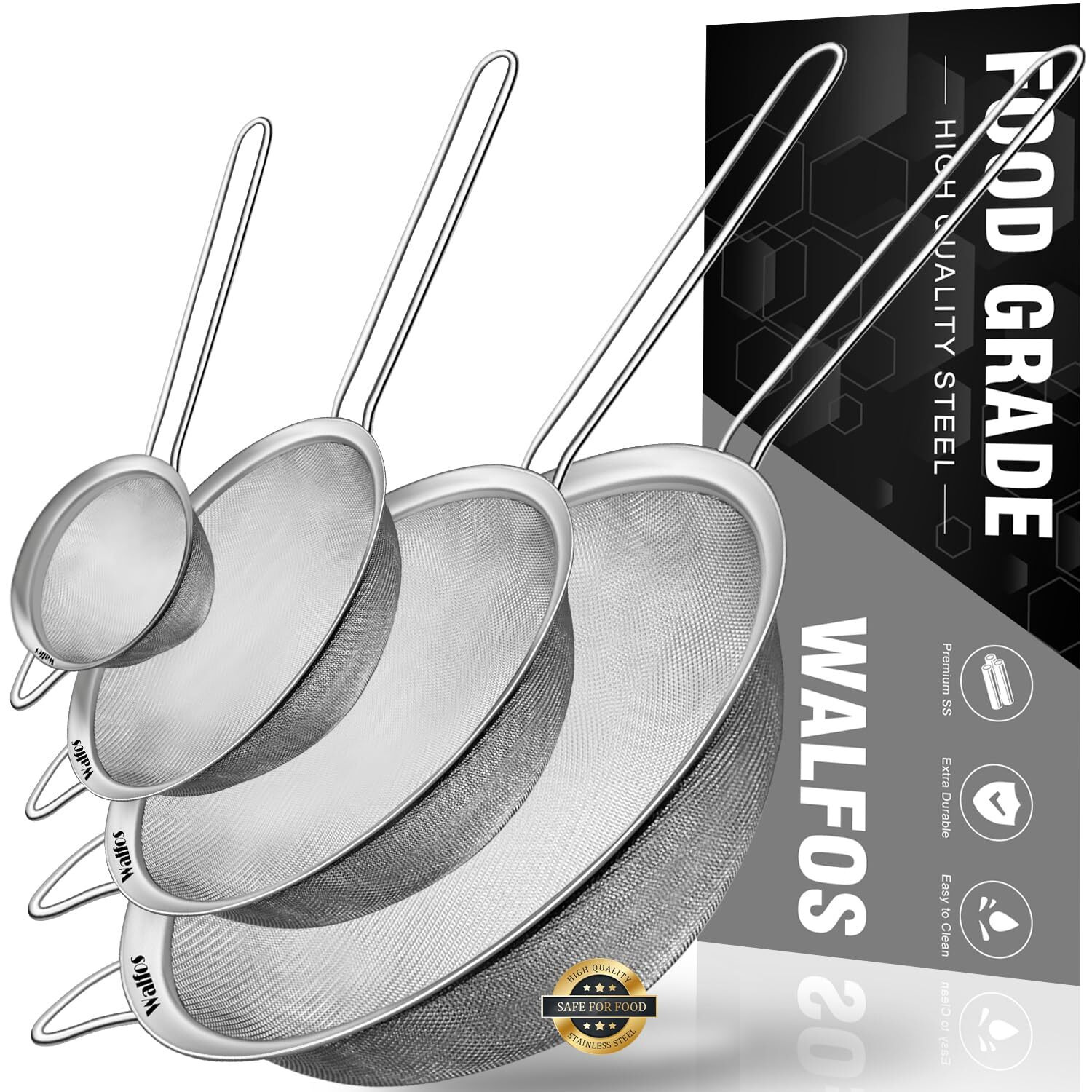 Walfos Extra Fine Mesh Strainer Set Of 4-9.5"", 7"", 4.7"", 2.8"", Stainless Steel 30 Mesh Sieve With Sturdy Handle, Kitchen Food Strainers Sifters For Quinoa, Pasta, Fruits, Vegetables, Rice, Tea