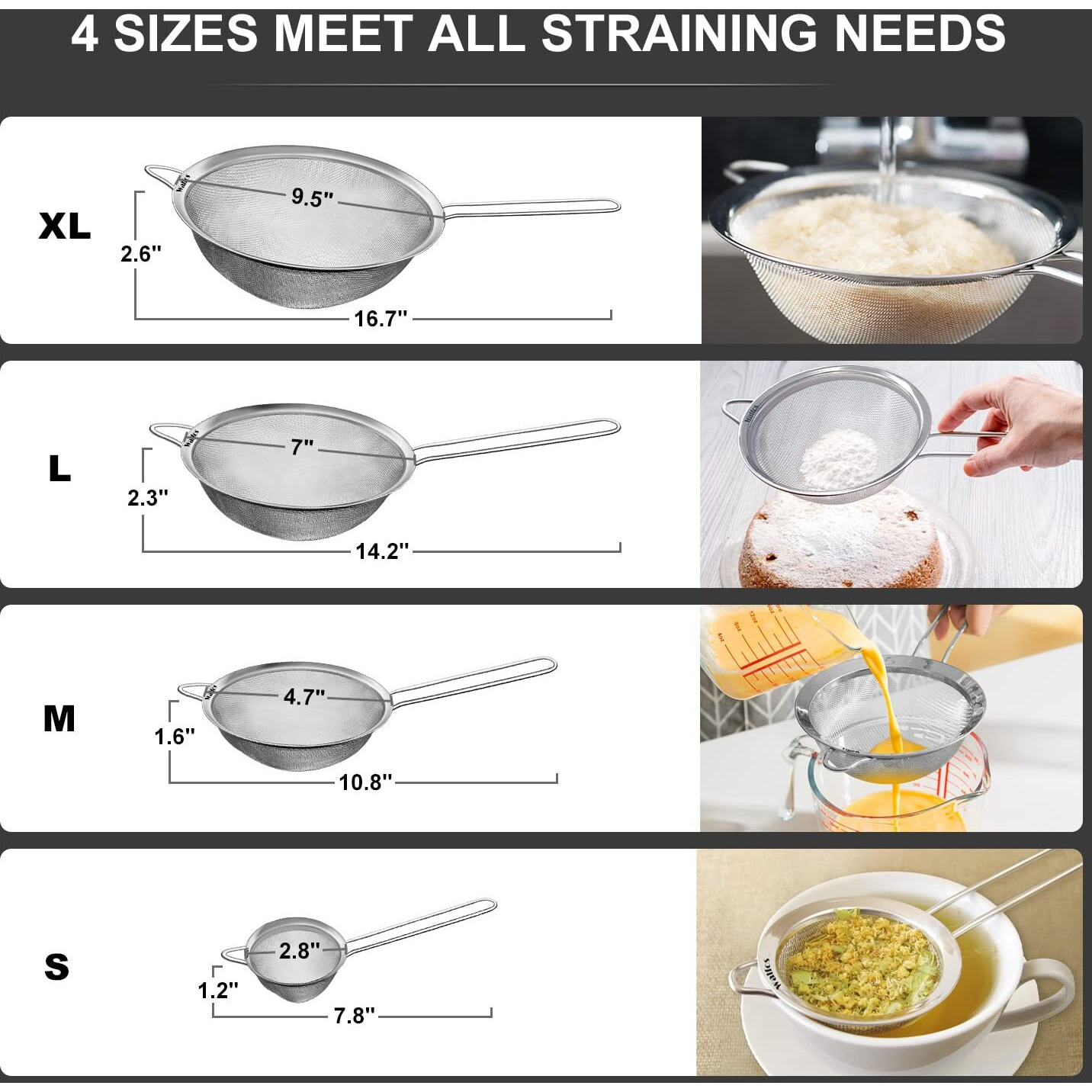 Walfos Extra Fine Mesh Strainer Set Of 4-9.5"", 7"", 4.7"", 2.8"", Stainless Steel 30 Mesh Sieve With Sturdy Handle, Kitchen Food Strainers Sifters For Quinoa, Pasta, Fruits, Vegetables, Rice, Tea