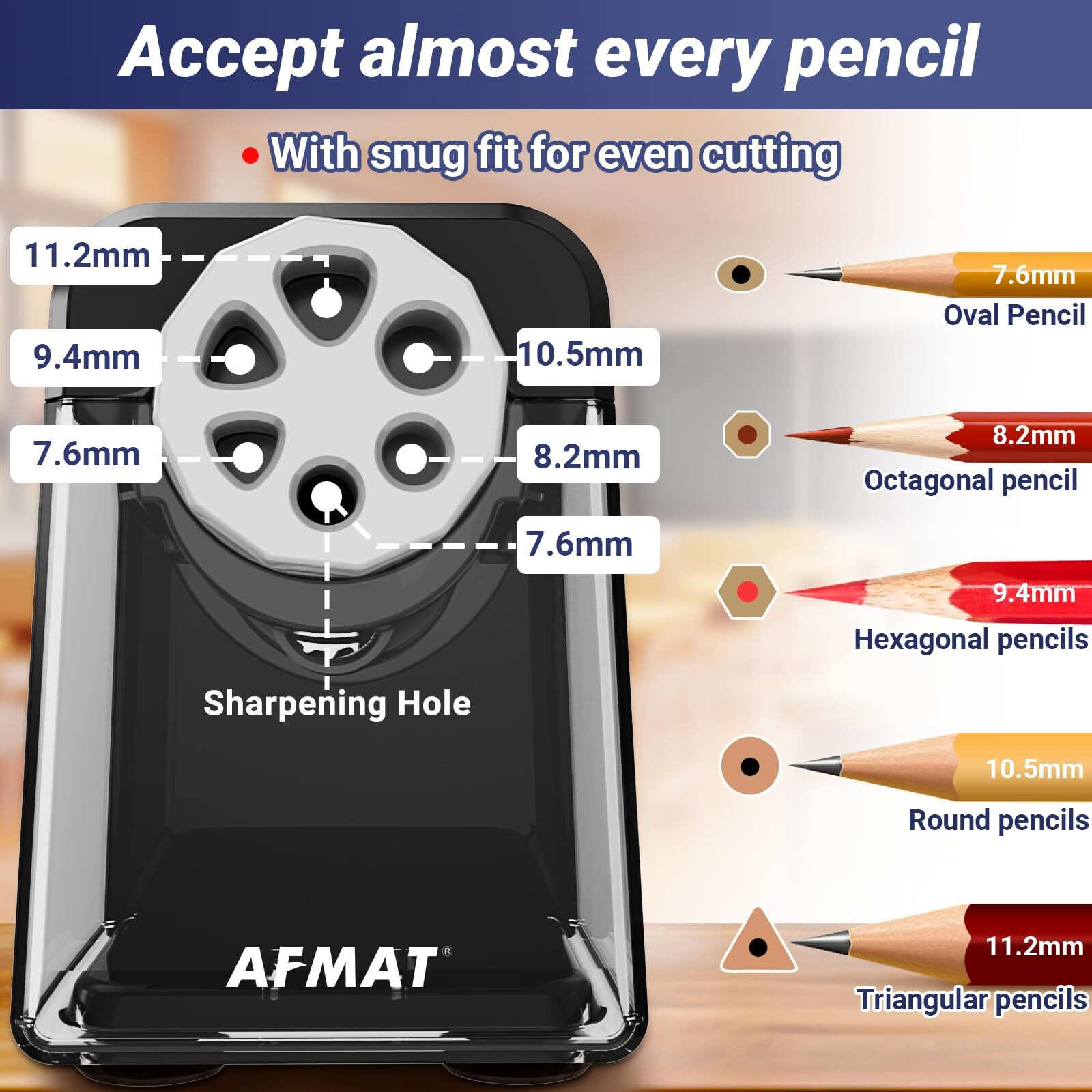 Electric Pencil Sharpener Heavy Duty, 6 Holes, Auto Stop Afmat Pencil Sharpeners For School, Classroom Electric Sharpener For 6-11Mm Pencils, 7000 Sharpening Times, Do Not Eat Up Colored Pencils