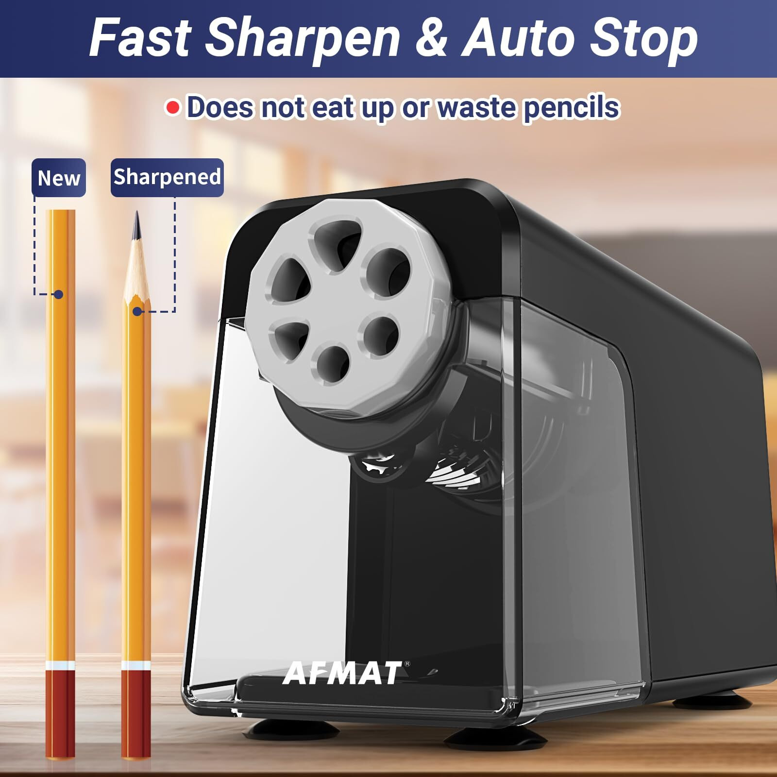 Electric Pencil Sharpener Heavy Duty, 6 Holes, Auto Stop Afmat Pencil Sharpeners For School, Classroom Electric Sharpener For 6-11Mm Pencils, 7000 Sharpening Times, Do Not Eat Up Colored Pencils
