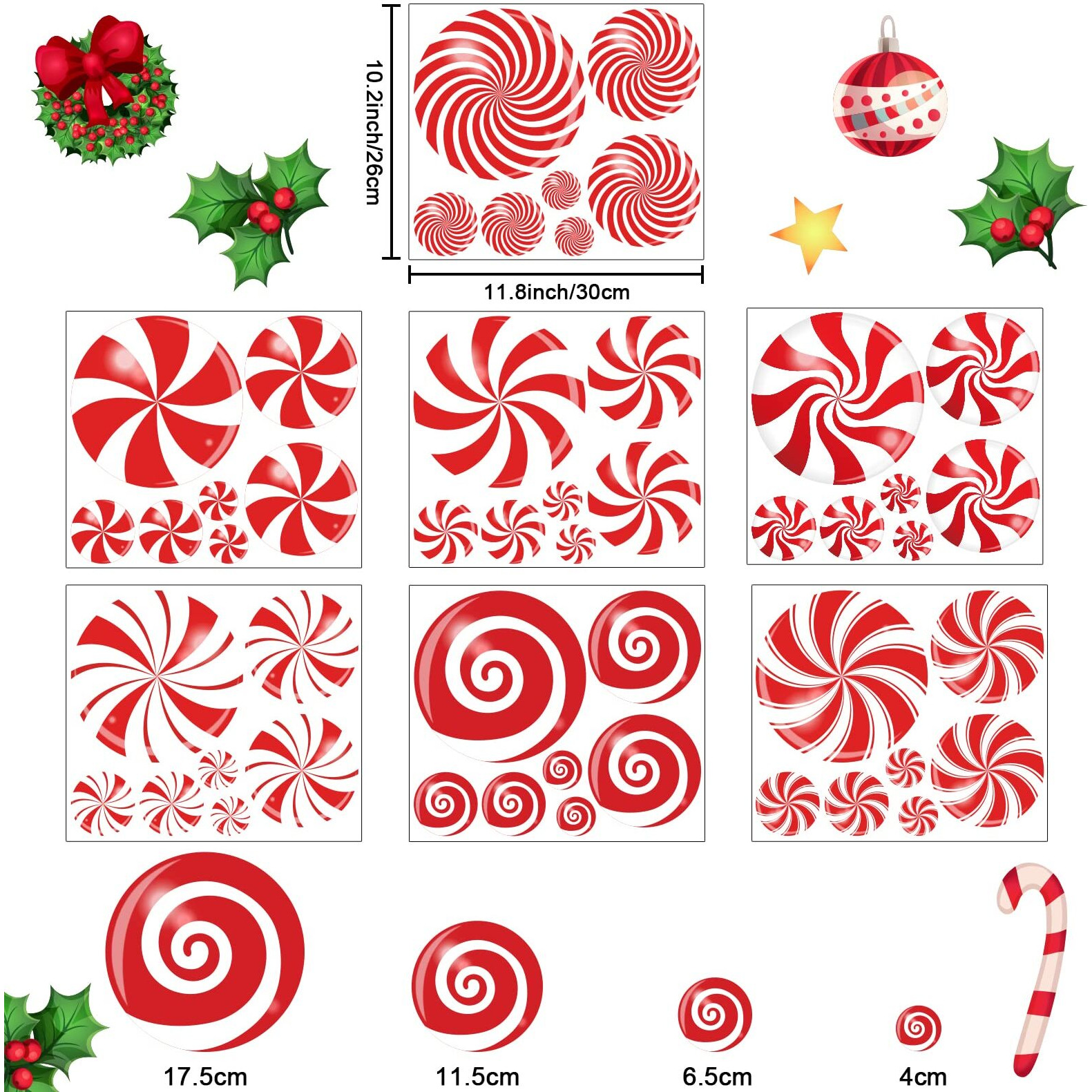 49Pcs Christmas Window Clings Christmas Candy Window Clings Christmas Red Candy Decorations Peppermint Candy Christmas Window Decals For Glass Window Xmas Holiday Home Office School Decorations