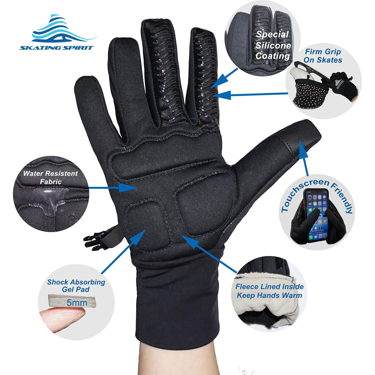 Skating Spirit Figure Skating Gloves For Kids And Adults, Padded Gel Palm Protection Water Resistant Warm Touchscreen Non Slip (S)