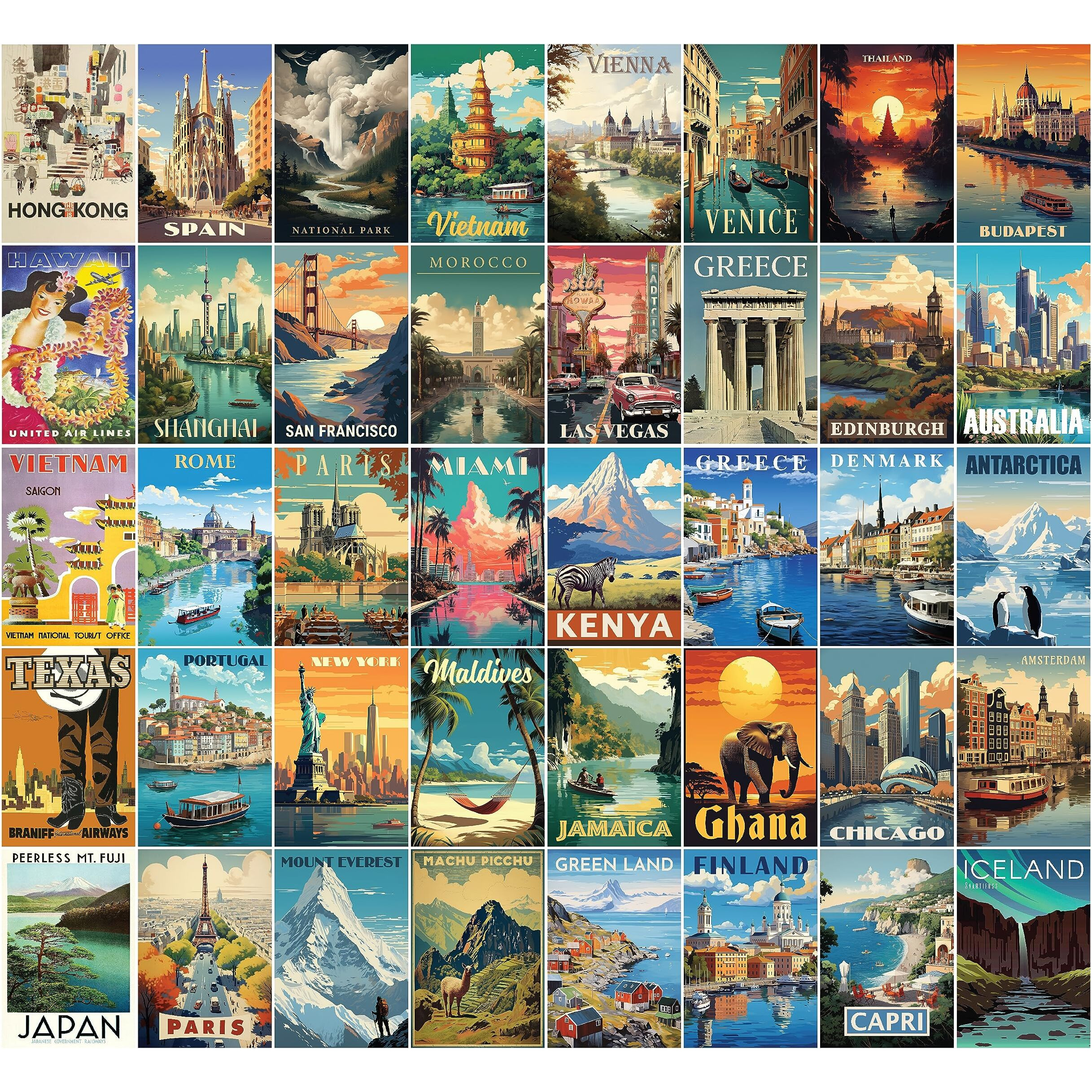 97 Decor Vintage Travel Decor Posters - World Travel Wall Art Prints, Retro Popular Cities Photo Collage Kit, Trendy City Landscape Aesthetic Pictures For Teen Dorm Bedroom (40 Pcs, 4"&quotX6"")