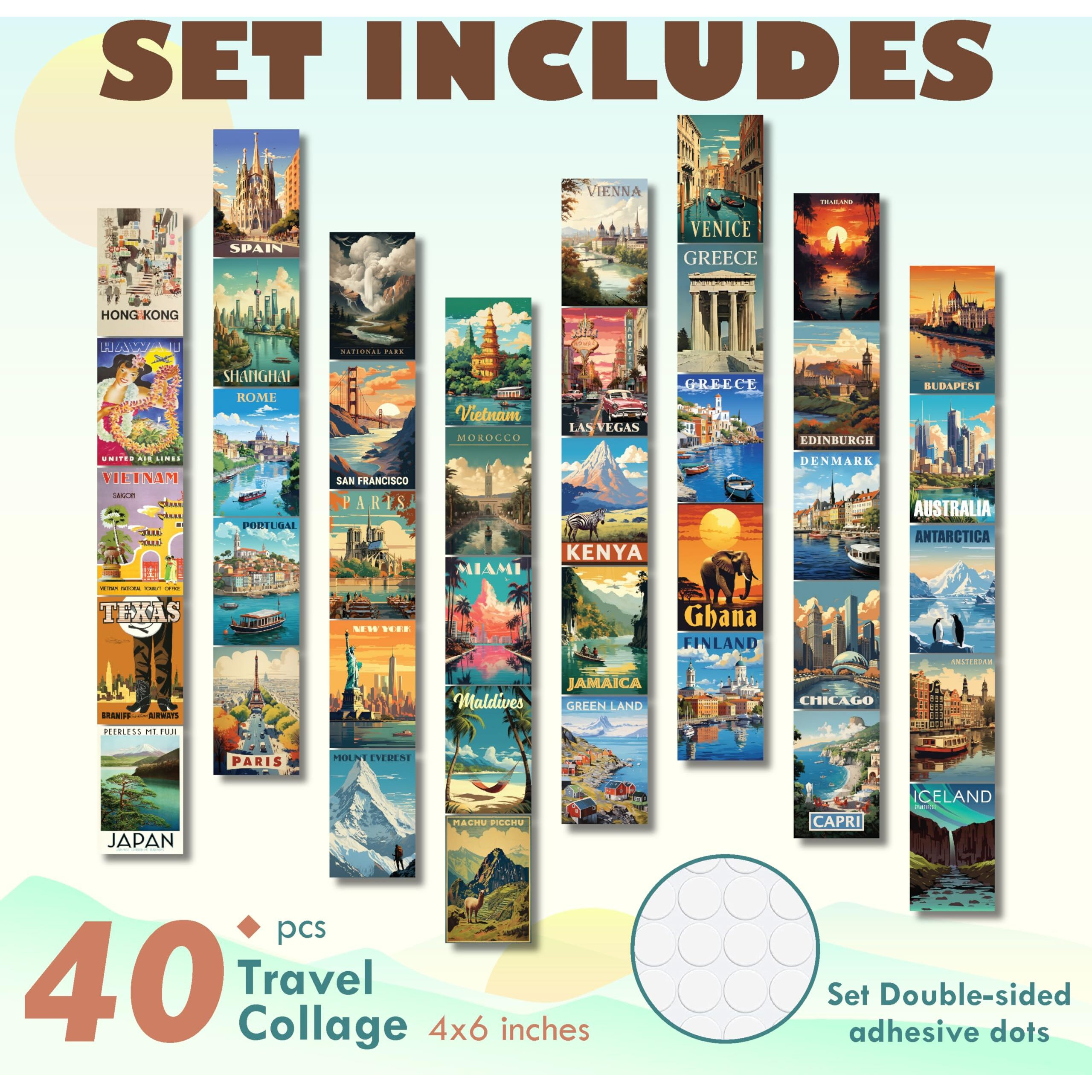 97 Decor Vintage Travel Decor Posters - World Travel Wall Art Prints, Retro Popular Cities Photo Collage Kit, Trendy City Landscape Aesthetic Pictures For Teen Dorm Bedroom (40 Pcs, 4"&quotX6"")