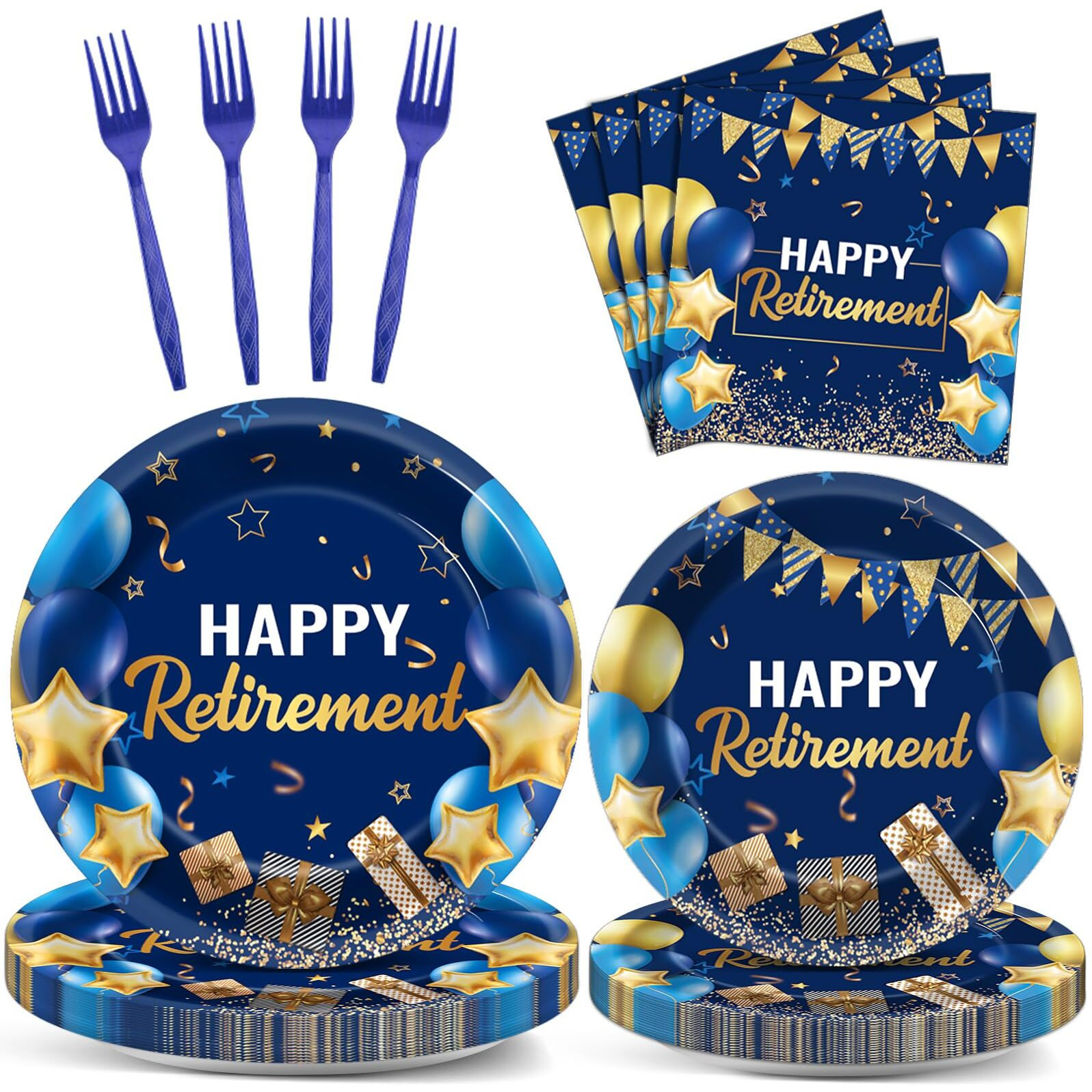Gisgfim 96 Pcs Retirement Party Supplies Paper Plates Napkins Blue Gold Happy Retirement Party Tableware Decorations Favors For Men Women Decor Serves 24