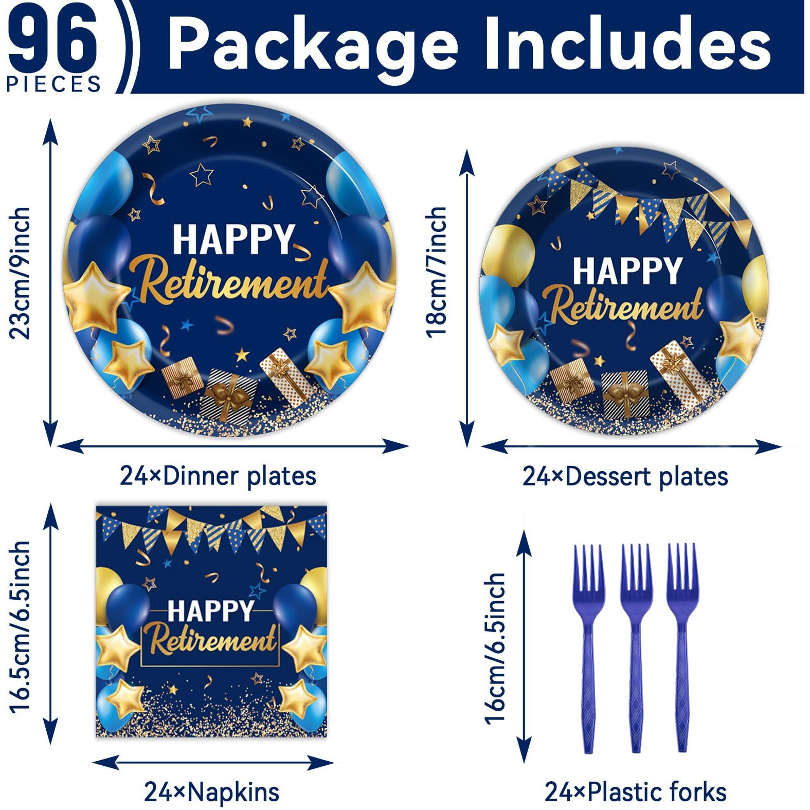 Gisgfim 96 Pcs Retirement Party Supplies Paper Plates Napkins Blue Gold Happy Retirement Party Tableware Decorations Favors For Men Women Decor Serves 24