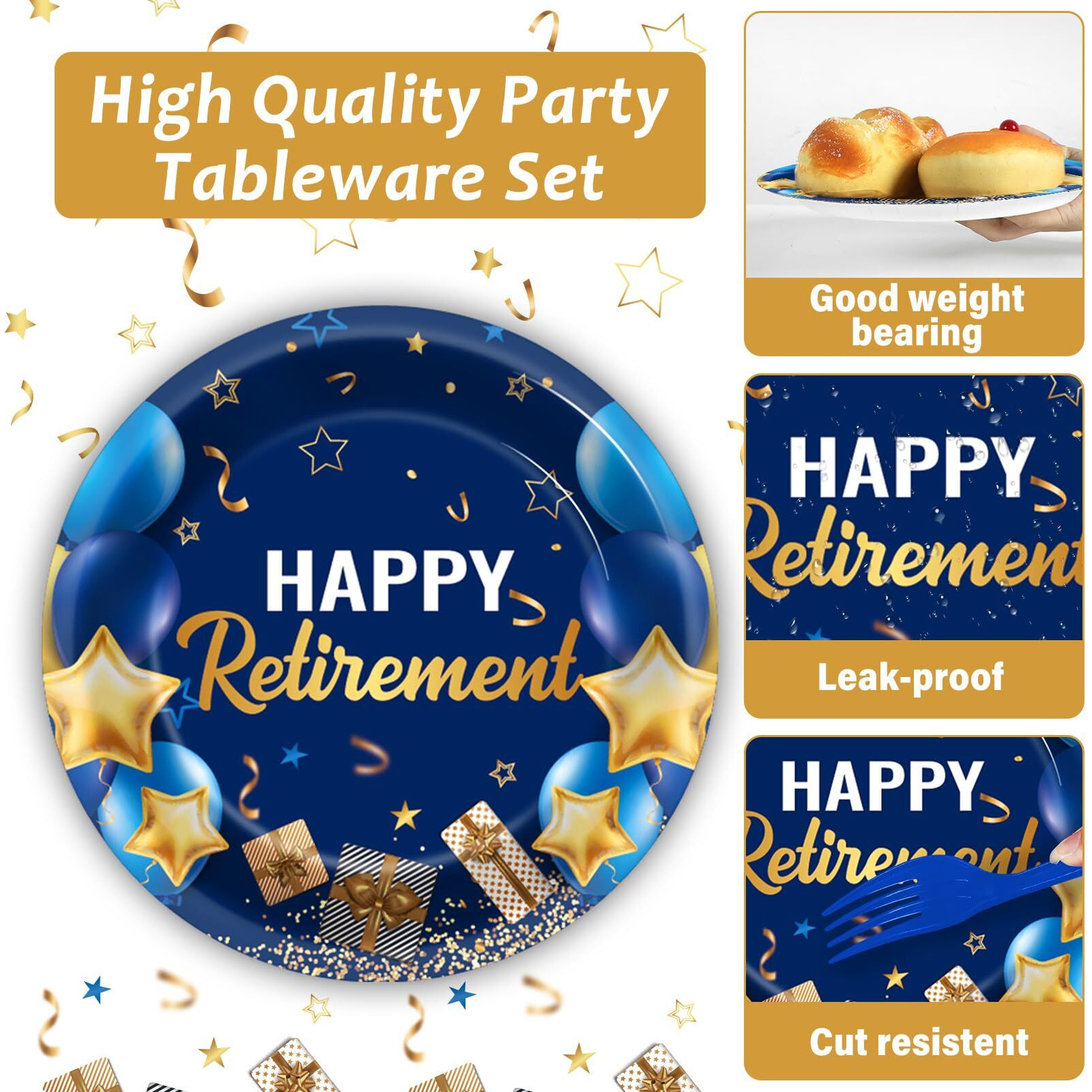 Gisgfim 96 Pcs Retirement Party Supplies Paper Plates Napkins Blue Gold Happy Retirement Party Tableware Decorations Favors For Men Women Decor Serves 24